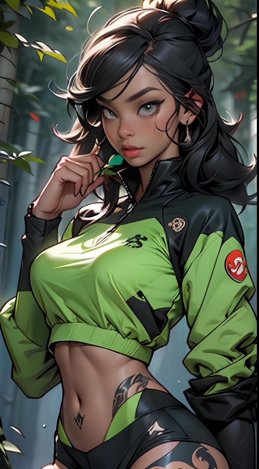 (black woman), sexy, tattoos, (power puffer clothes: 1.2), forest, leaves, mist, lines, background circles
