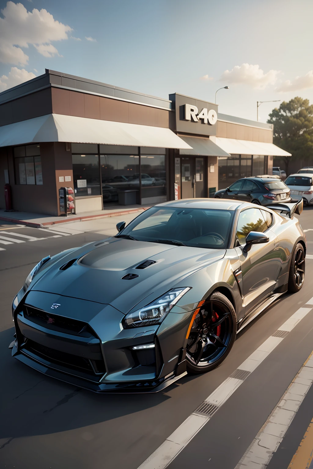 photo-realistic，top-quality，A GTR was parked in front of the Home 711 convenience store