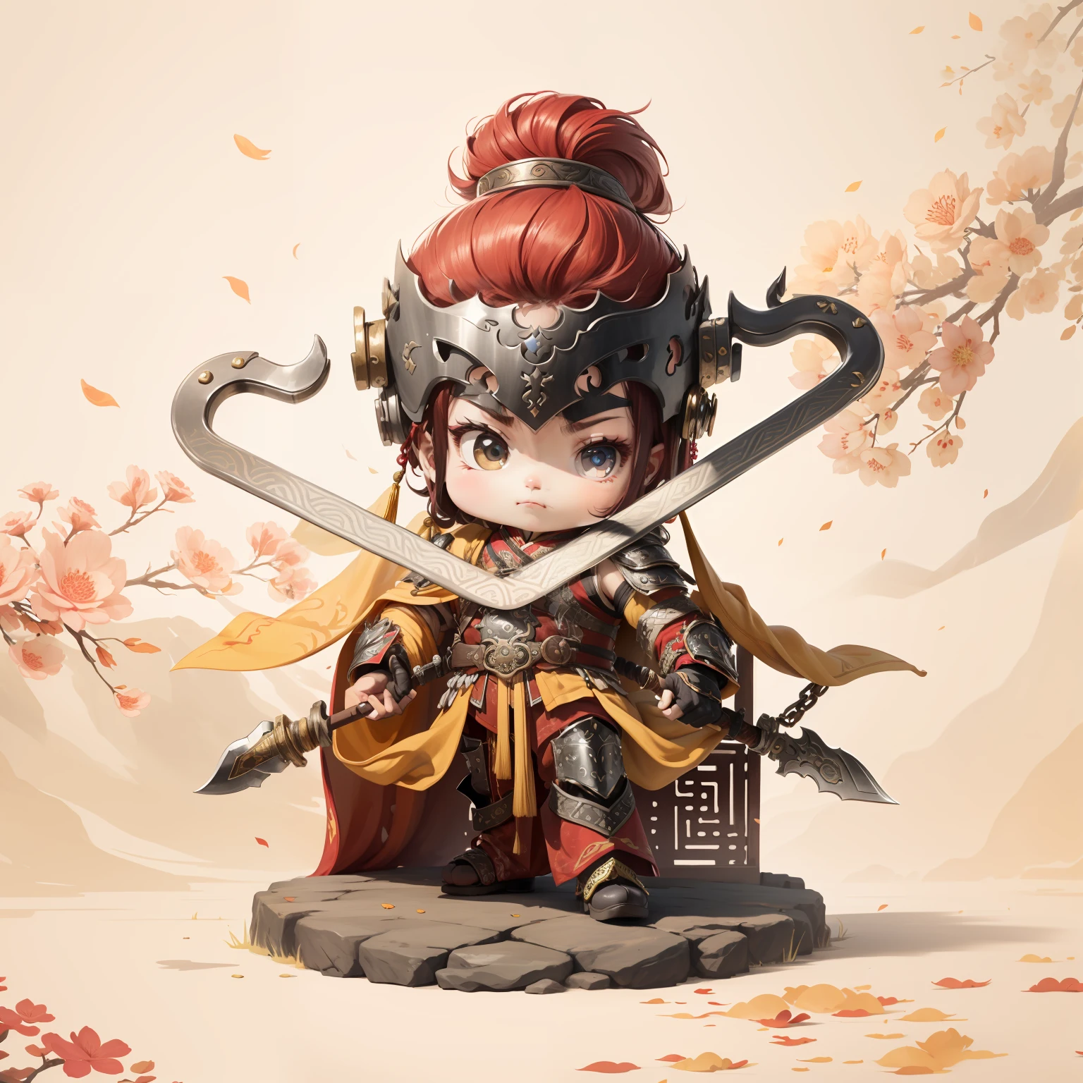male people，Male characters，tchibi，Bad，Arms，Double hook weapon，Ancient Chinese weapons: Crescent hook，The handle has a delicate pattern，Shoulder blades，metal breastplate，chainmail，Animal pattern cuirass，chest plate，Bracers，Flowing hem，China-style，Chinese-style clothing，Chinese shoes，There are beautiful patterns on the weapon grips，Refinement，Fine painting，Refinement，infinite details，high definition detail，Patterned，Pattern，Blank background，Bright colors，Metal edging