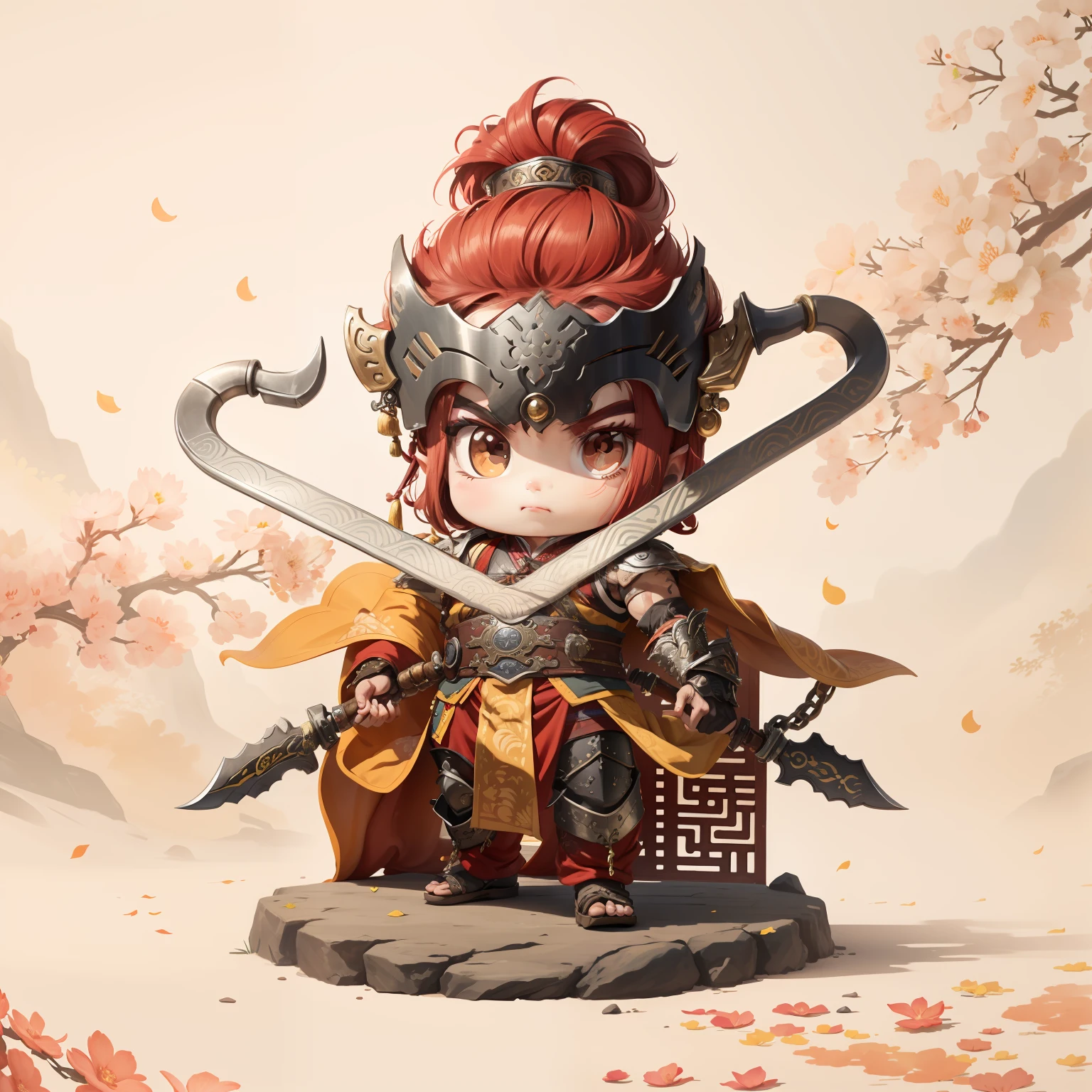 male people，Male characters，tchibi，Bad，Arms，Double hook weapon，Ancient Chinese weapons: Crescent hook，The handle has a delicate pattern，Shoulder blades，metal breastplate，chainmail，Animal pattern cuirass，chest plate，Bracers，Flowing hem，China-style，Chinese-style clothing，Chinese shoes，There are beautiful patterns on the weapon grips，Refinement，Fine painting，Refinement，infinite details，high definition detail，Patterned，Pattern，Blank background，Bright colors，Metal edging