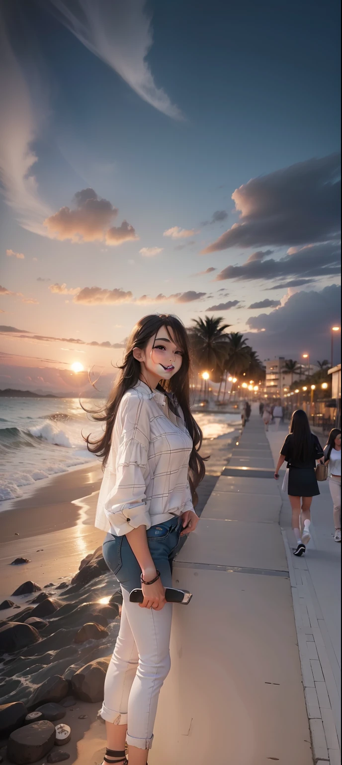 Suitable smile, pretty face, black checks on white shirt, beach view, natural background, white shoe, long hair, fashionable, trendy jean,