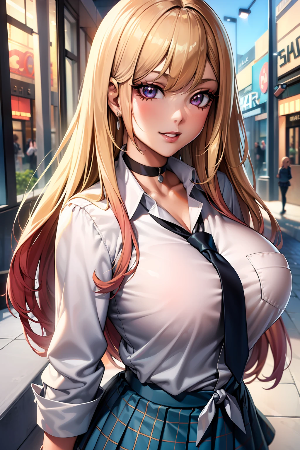 (anime style),masterpiece, best quality, ultra-detailed, glistening shiny, glowing light, ray tracing, HDR, deph of field, (perfect face, detailed face, detailed eyes),(big boobs:1.2),8k,HD,ultra realistic face,ray tracing,perfect lighting,best quality, ultra-detailed, shiny eyes, (looking at viewer,sensual smile:1.1), ((1girl)), (gyaru, mature female:1.4),hourglass_body shape,
marin,long hair,((gradient hair)),multicolored eyes, gradient eyes, (glowing eyes:1.1), mascara, (fashion make up), parted lips,skirt, shirt, jewelry, school uniform, white shirt, pleated skirt, earrings, necktie, choker, grin, bracelet, blue skirt, plaid,black choker, plaid skirt, piercing, ear piercing, bright pupils,tied shirt, bead bracelet,
((mall, terrace, shops, glass roof)),complex background,((super detailed background)), sensual poses((8k wall paper)), ((8k wallpaper)) ,