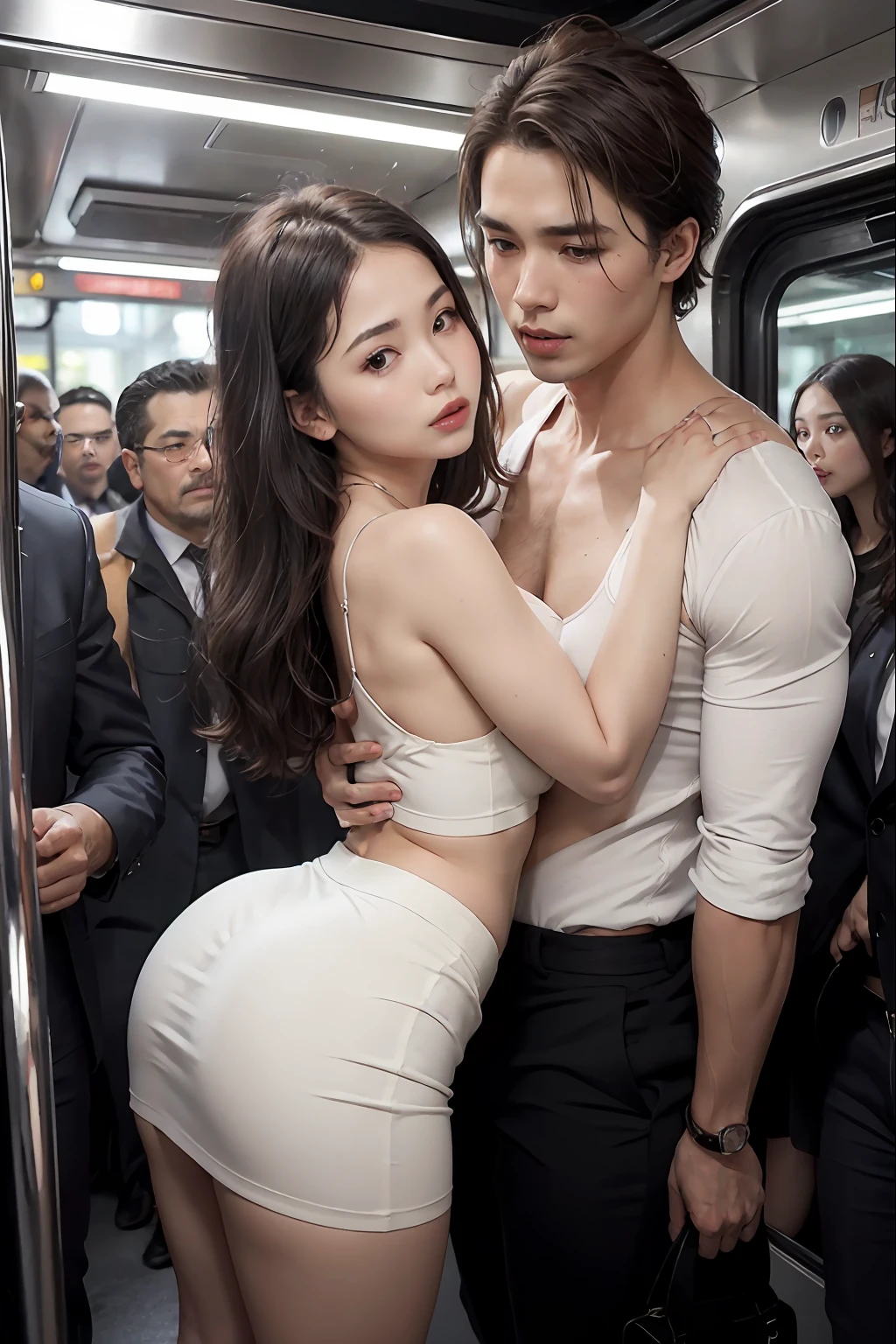 Train crowded several men Holding her from behind and talking in her ear,other men picking her up on their lap,picking her up, white mini skirt swinging up, 40k, photography, masterpiece, best quality, dark gray background, (1girl South East Asian), big ass full breasts until waiting wearing, (mini skirt swinging sexy round: 1.3), (white plunging open shirt: 1.3),elderly man leaning against the back picking her up,assorted poses, small tits, small boobs