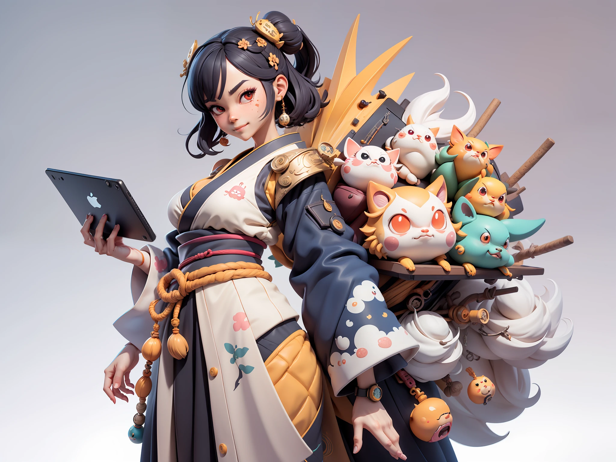 (Daisaku),(Need),(Super meticulous),(full bodyesbian:1.2),Japanese ukiyo-e girl,japanese geisha,Beautiful,Oriental dragon,Aeolian Thor,Raised sexy,爆乳,Oriental face,TV Anchor,Bust portrait illustration,Alone,In black suit,a blue tie,The face is slightly chubby,The face was clean,without a beard,Black super short hair,Black eyes,Smile confidently,3C computer sub-products,iPad, iphone,Digital painting,3D character design by Mark Clairen and Pixar and Hayao Miyazaki and Akira Toriyama,The illustration is a high-definition illustration in 4K resolution,With very detailed facial features and cartoon-style visuals。