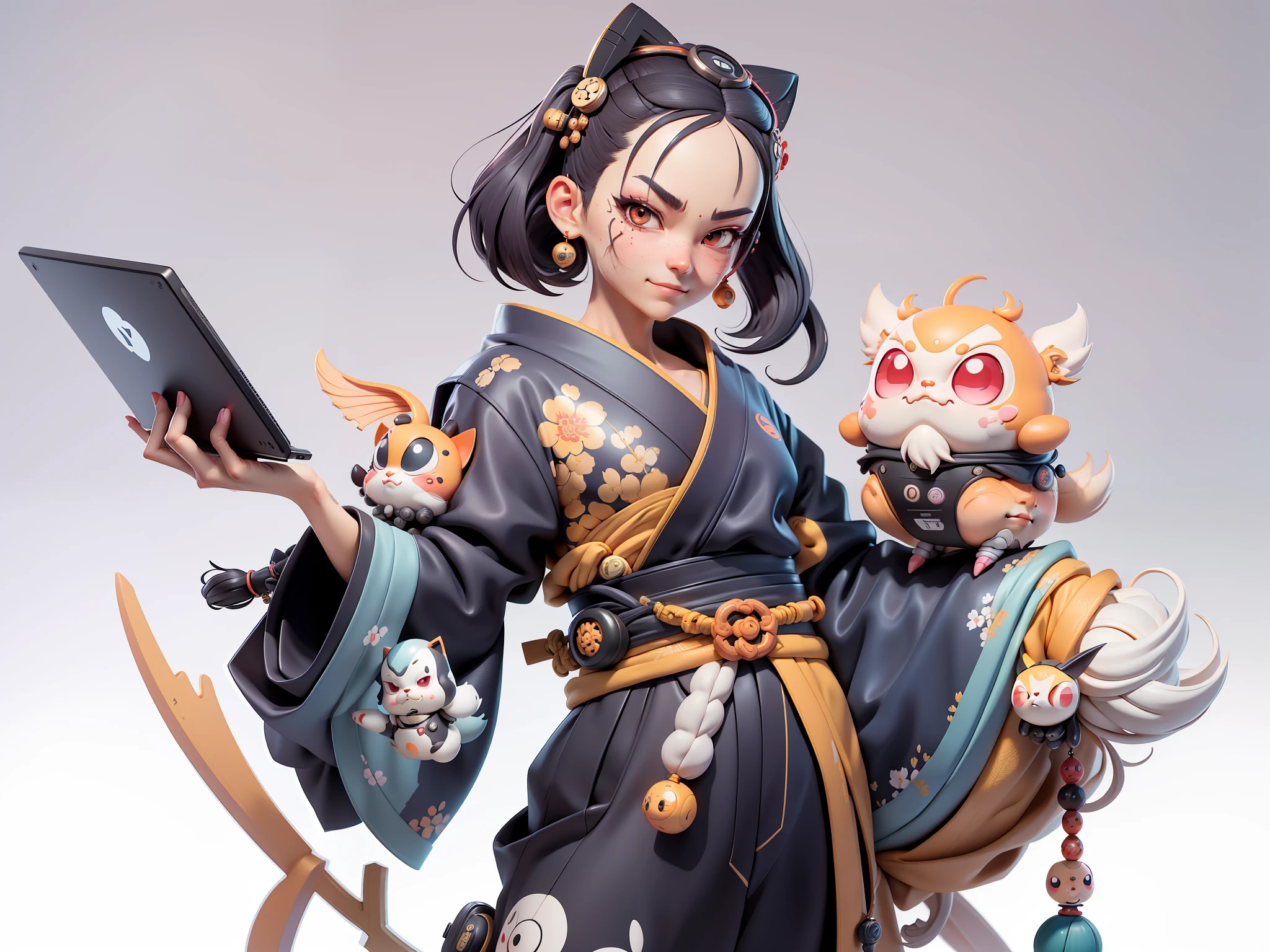 (Daisaku),(Need),(Super meticulous),(full bodyesbian:1.2),Japanese ukiyo-e girl,japanese geisha,Beautiful,Oriental dragon,Aeolian Thor,Raised sexy,爆乳,Oriental face,TV Anchor,Bust portrait illustration,Alone,In black suit,a blue tie,The face is slightly chubby,The face was clean,without a beard,Black super short hair,Black eyes,Smile confidently,3C computer sub-products,iPad, iphone,Digital painting,3D character design by Mark Clairen and Pixar and Hayao Miyazaki and Akira Toriyama,The illustration is a high-definition illustration in 4K resolution,With very detailed facial features and cartoon-style visuals。