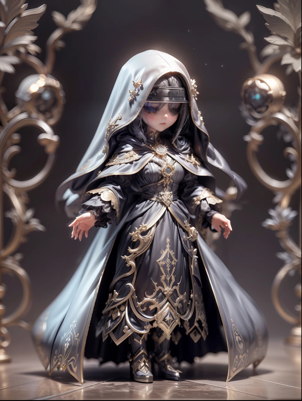 (Blind box toy style:1.2), (Full body shot) , 1 Cute Metal Witch, Delicate metal robes，Delicate metal cover, Baroque style, dreamy glow, Clean, Black draft,White gold style， ( Global illumination, Ray traching, hdr, unreal render,reasonable design, high detal, Masterpiece, Best quality, hyper HD, Cinematic lighting)