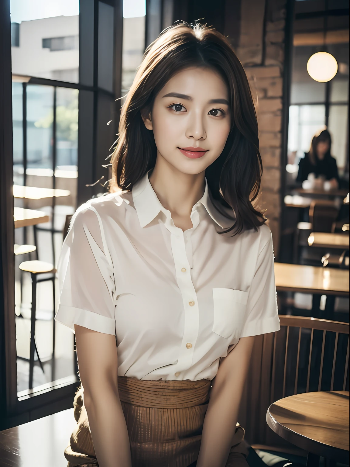 A 25-year-old stylish white-collar woman was sitting in a café drinking coffee , delicate makeup , Japanese female , Canon 35mm Shot , Photorealistic , a photo of ,4k