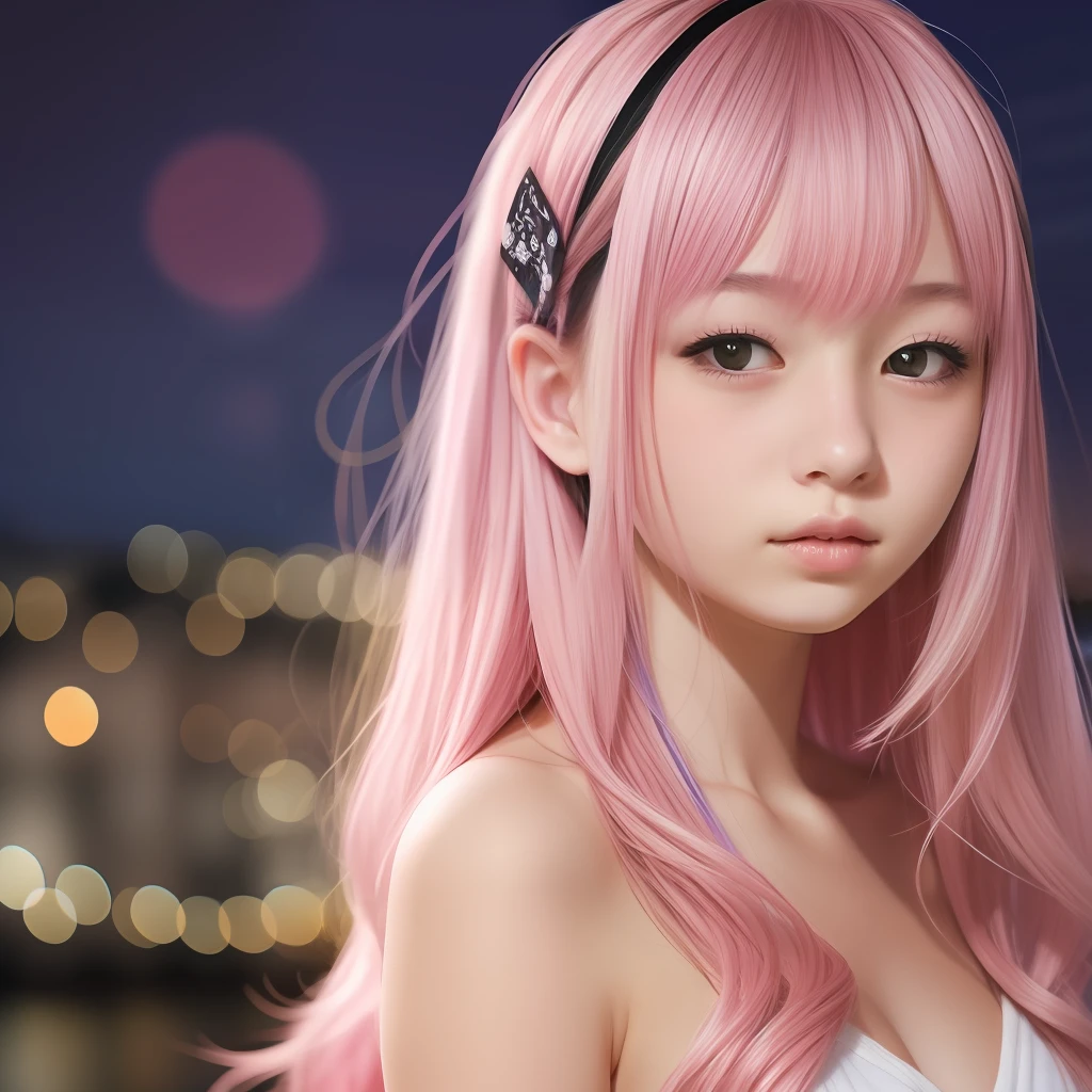 High School Girl、、Naked、Pink hair、Long hair、(Background:Night view)、Systemic