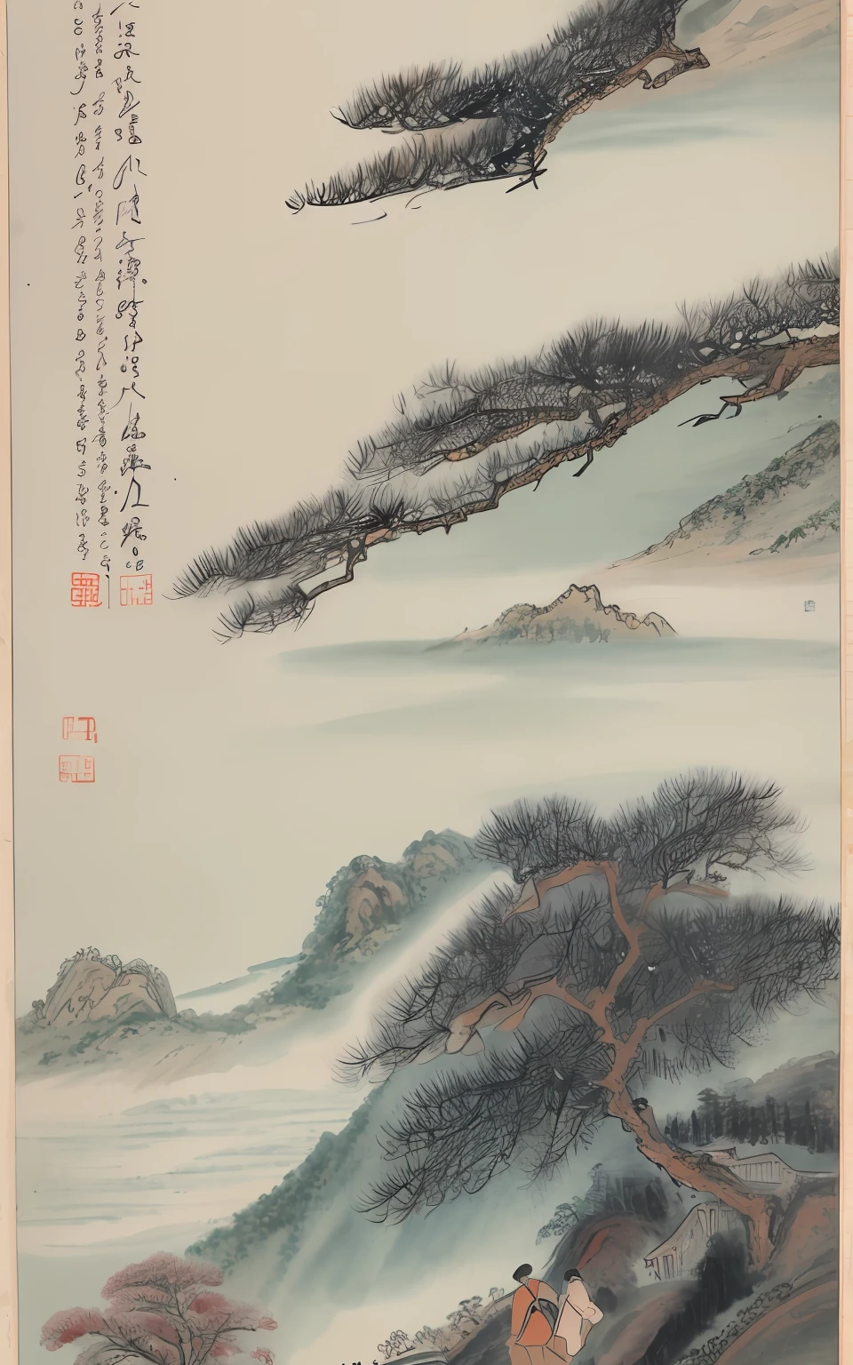 high high quality, mont, Mist, the trees,mont,scenecy,Skysky,Chen Shaomei,clouds,The tree,chinese paintings,with an antique feel,Song Dynasty,Song painting,Point view characters,人物,