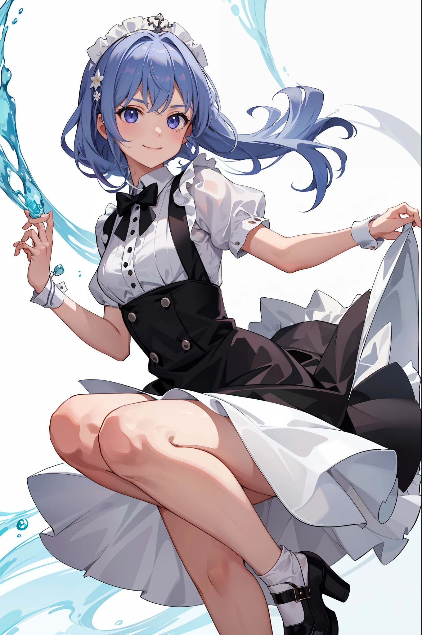 1girl in、A smile、A delightful、skirt by the、(small tits)Chilarism、doress、pinafore、Maids、hair adornments、Raise one leg、