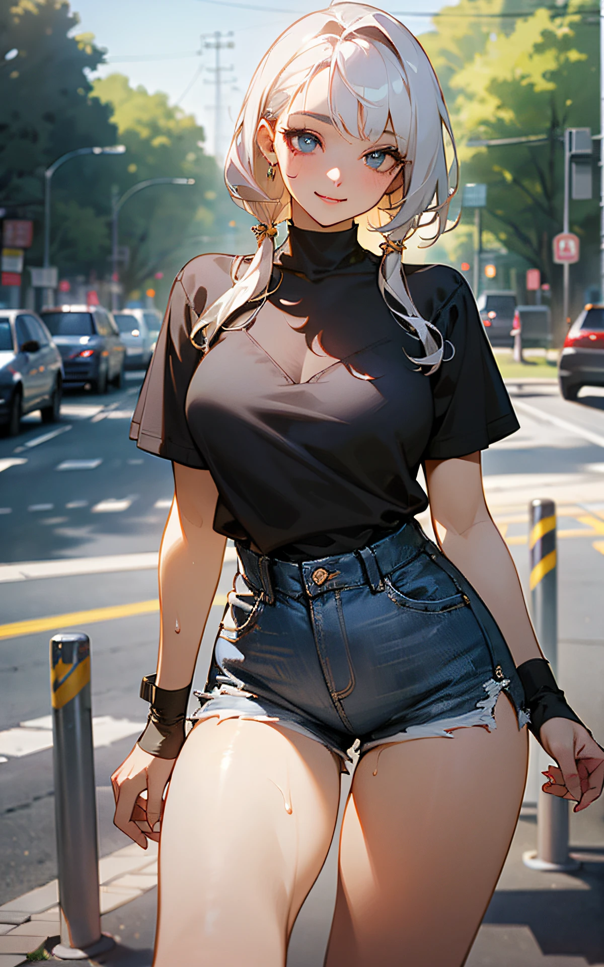 (Unity 16K Wallpaper, Masterpiece, Best Quality, Ultra-Detailed, Extremely Detailed CG, Beautiful Detailed Eyes, solo, curby), Ultra High Resolution, fine skin、sexy, Sweat, black short shorts, plain tops, smile, (thigh fetish), , realistic clothing, casual clothes,