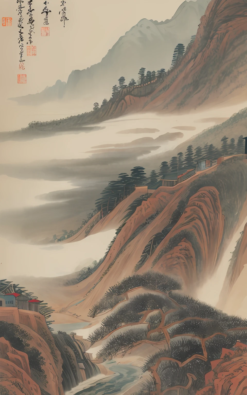 high high quality, mont, Mist, the trees,mont,scenecy,Skysky,Chen Shaomei,clouds,The tree,chinese paintings,with an antique feel,Song Dynasty,Song painting,Point view characters,人物,