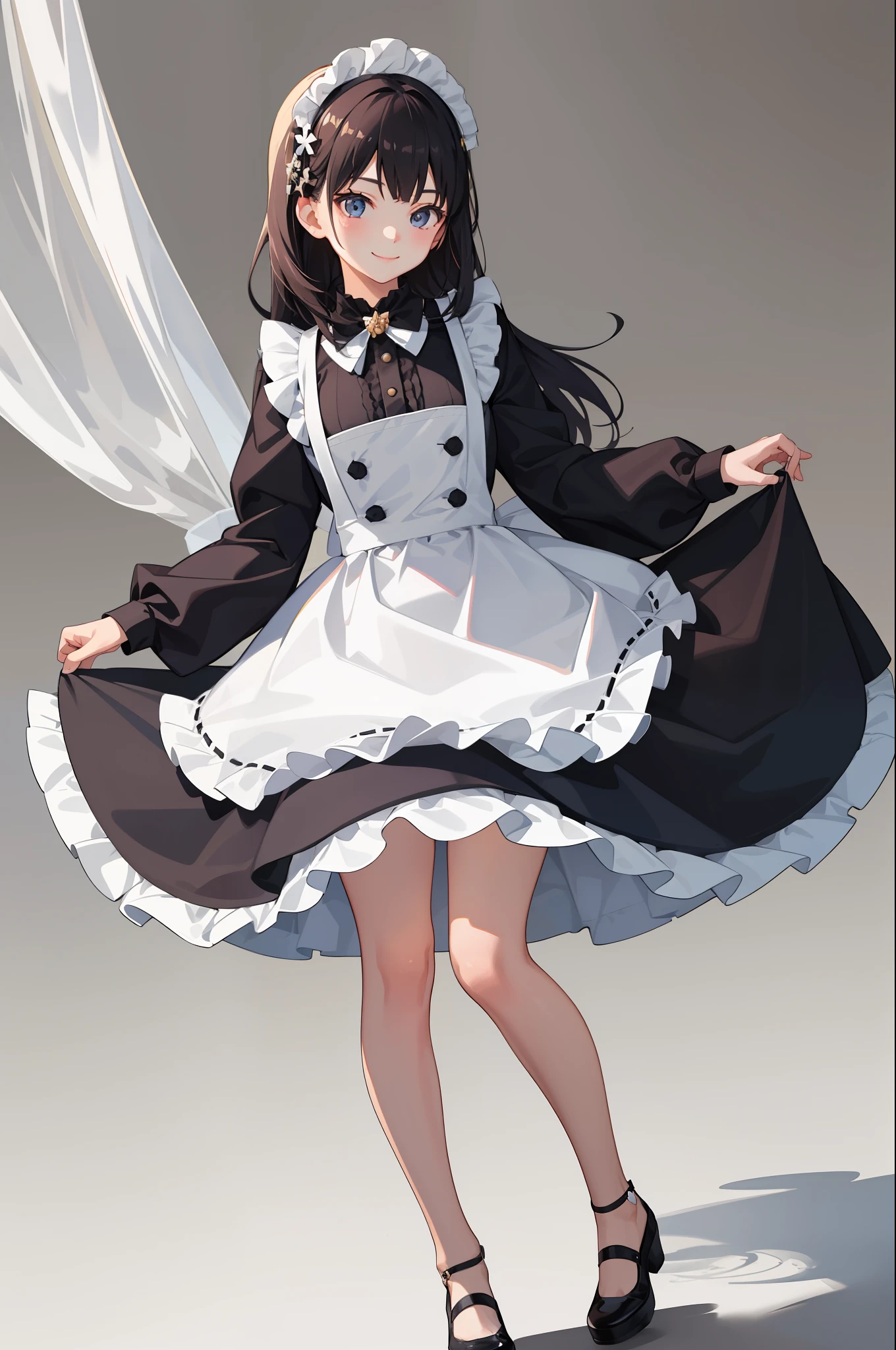 1girl in、A smile、A delightful、skirt by the、(small tits)Chilarism、doress、pinafore、Maids、hair adornments、Raise one leg、