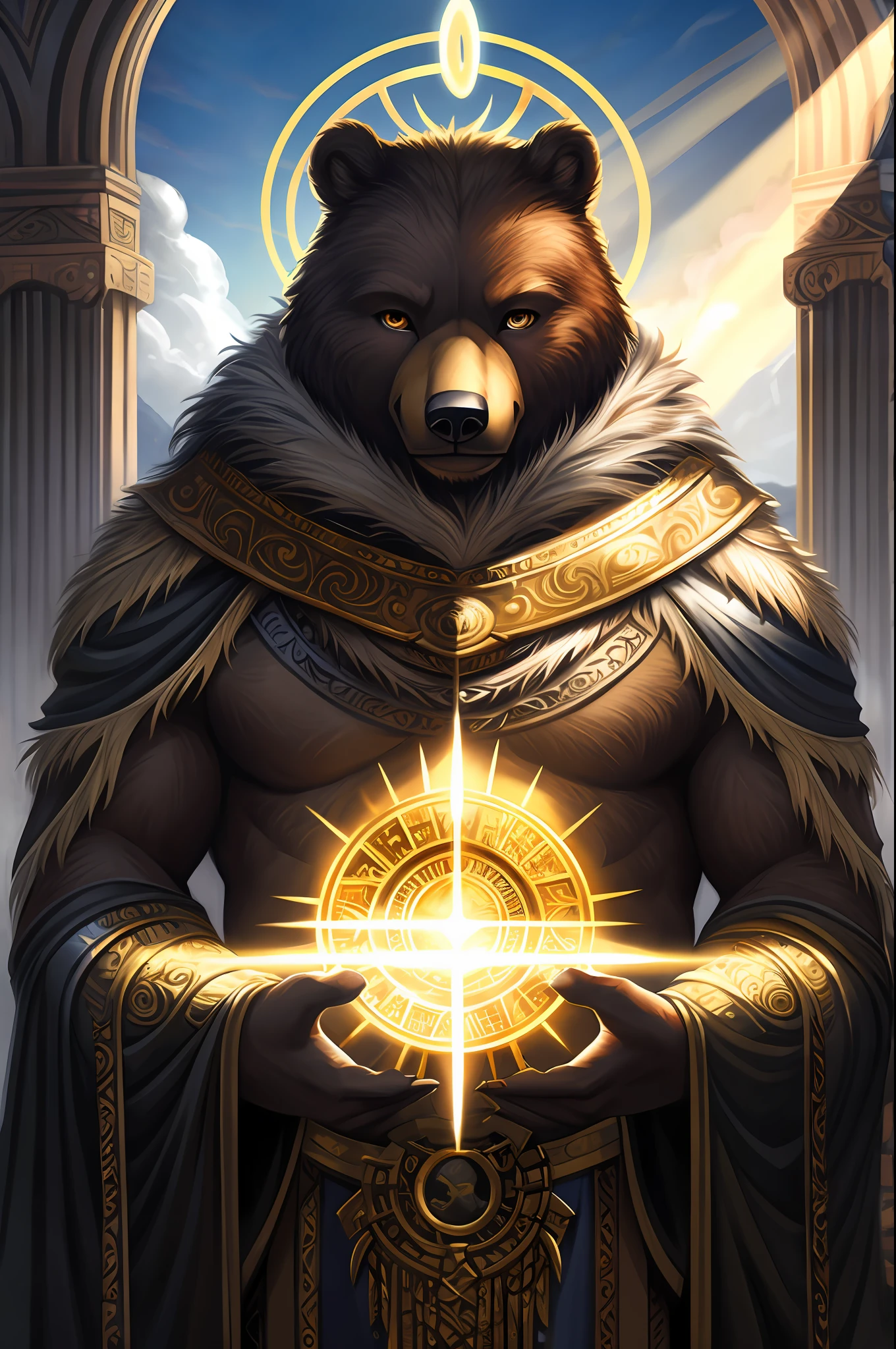 highly detailed portrait of bear sun god halo of light, gold, unreal engine, art by mark ryden, lostfish, earl norem, global illumination, god rays, detailed and intricate environment, elden ring style, male solo, anthro