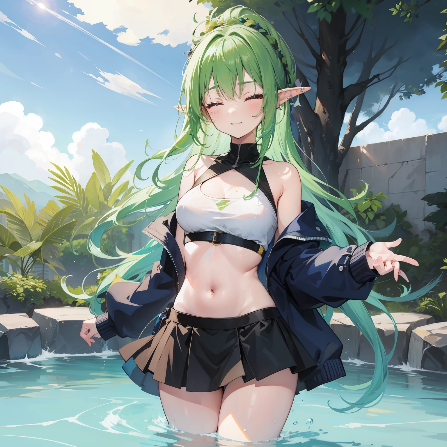 1 Girl, closed eyes, nose, elf ear, eyebrow, smiling, teeth, big green hair, dyed nape blue, bangs, hair between eyes, Watery Big Eyes Sukumizu Wet Hair Hair Spread Out Ear Stud Swimming Pool, lora :add_detail, short tummy sweatshirt, short skirt, slim waist, tummy, big chest, thick legs, big thighs, standing