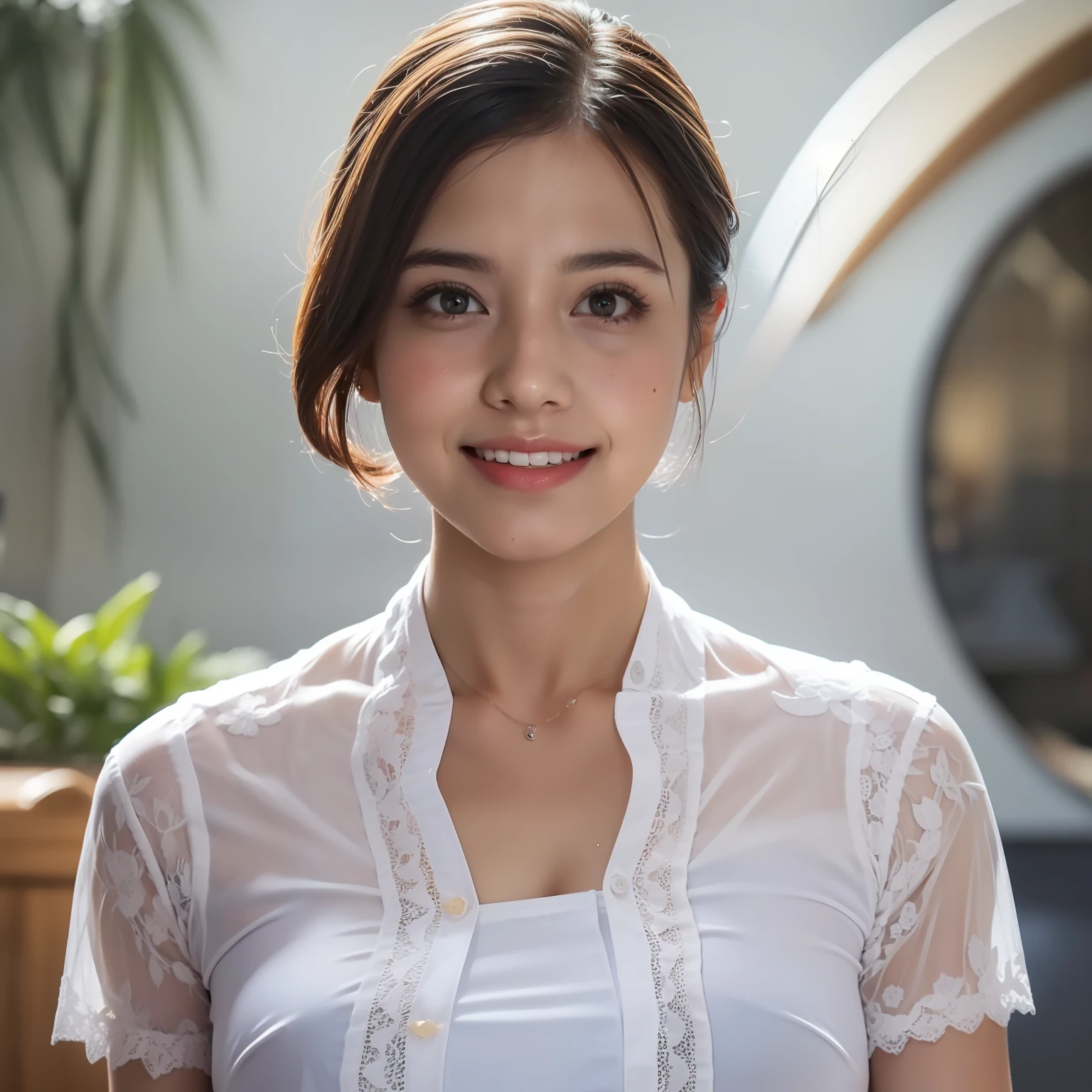 (8k, best quality, masterpiece:1.2), (realistic, photo-realistic:1.37), ultra-detailed, 1 girl, cute, solo, beautiful detailed sky, detailed cafe, night, sitting, dating, (nose blush), (smile:1.15), (closed mouth) small breasts, beautiful detailed eyes, (collared shirt:1.1), night, wet, business attire, rain, white lace, (short hair:1.2), floating hair NovaFrogStyle, white kebaya