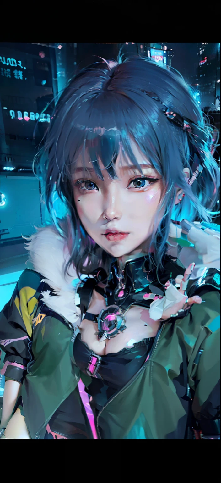 Top quality, 8k, 32k, Masterpiece, close up of a woman in black and red clothes, future anime girl, inspired by Li Shida, cyberpunk anime girl woman, cyberpunk anime girl, female anime character, anime style character, modern cyberpunk anime, cyberpunk anime art, action anime girl woman, detailed anime character art, epic anime style, realistic anime art style, female anime heroine portrait, professional makeup, very big breasted woman, (seductive pose), Sexy, beautiful white face shining, beautiful face, pink cheeks, beautiful lips, porcelain skin, detail intricate, super detailed, super high, highest detailed, high detailed, delicate, incredible detailed, fine detailed, cinematic lighting, top quality, masterpiece, smooth and beautiful, CG , unity, 8k wallpaper, Stunning, fine detail, unity CG wallpaper 8k ultra detailed, large file size, ultra detailed, high resolution, incredible detail, stunning detail, depth of field, oil painting effect in Rembrandt art style, concept portrait art in Stanley Artgerm Lau style, WLOP, trending on Artstation, epic, trend in society, detailed digital painting, very high quality model, guren, blue hair, short hair, black eyes, green clothes, city background.