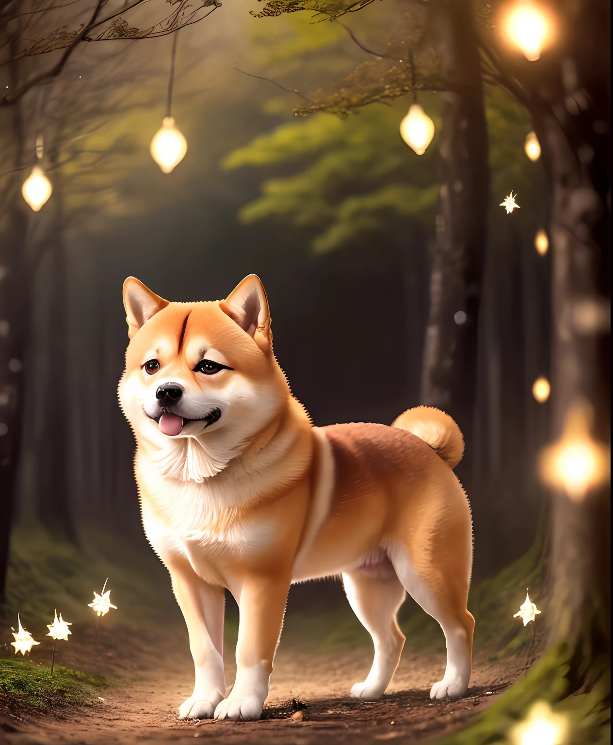 Close up photo of Shiba Inu in the Enchanted Forest、natta、fireflys、Volumetric fog、Halation、Bloom、Dramatic atmosphere、central、thirds rule、200mm 1.4F Macro Shot