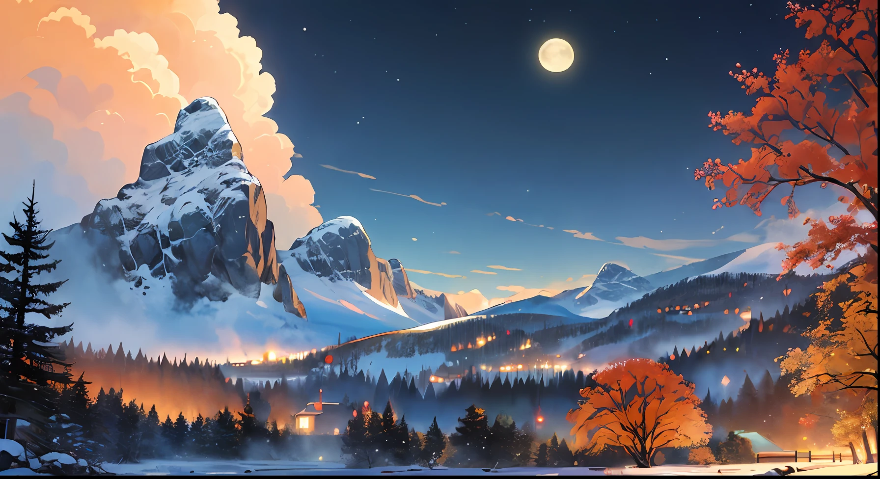 ((Masterpiece:1.4,Best quality)),  Cloud,   Outdoors,  forest
(Snowy mountains), Autumn clearing
, scenery,  sky,
(Night:1.4),  Night skies,  Moon,  Moonlight,  High detail, abundant, 8K, Green,tree, High detail,   the wallpaper,