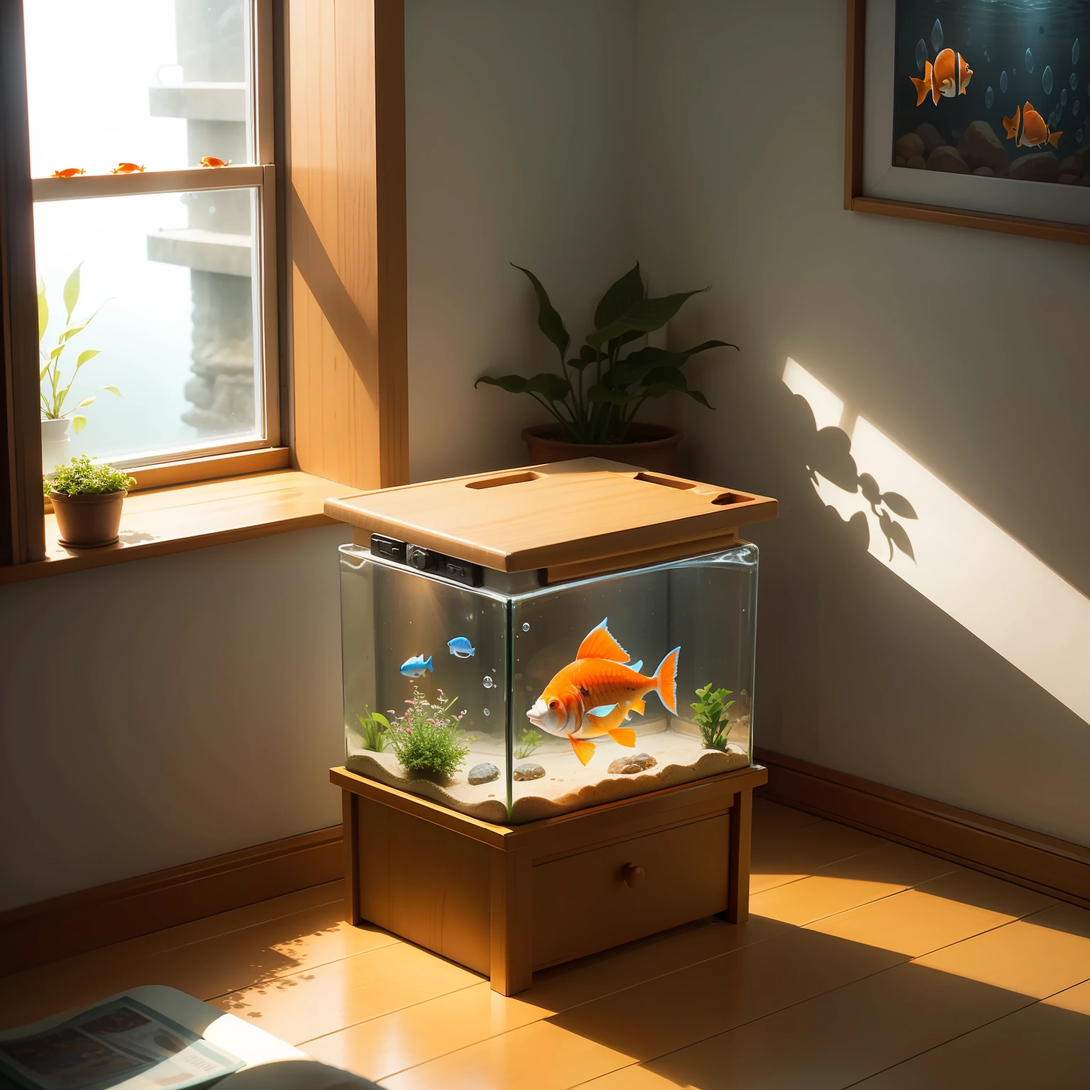 Small orange fish cartoon in aquarium in a room on top of a little table in a room with a window