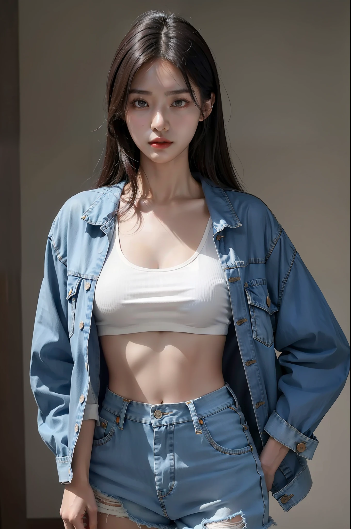 A woman in white shorts and denim jacket poses for a photo, Open V chest clothes, Open shirt, korean women's fashion model, Korean girl, photo of slim girl model, cropped shirt with jacket, Clothing that exposes, wearing tight simple clothes, Gorgeous young Korean woman, gorgeous chinese models, wearing sexy cropped top, jacket over bare torso, wearing  shirt