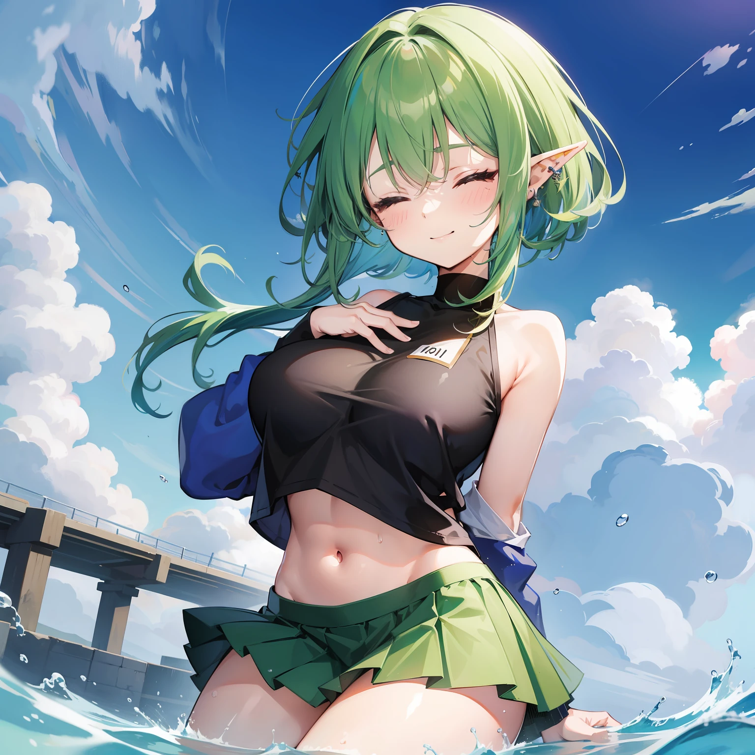 1 Girl, closed eyes, nose, elf ear, eyebrow, smiling, teeth, big green hair, dyed nape blue, bangs, hair between eyes, Watery Big Eyes Sukumizu Wet Hair Hair Spread Out Ear Stud Swimming Pool, lora :add_detail, short tummy sweatshirt, short skirt, slim waist, tummy, big chest, thick legs, big thighs, standing