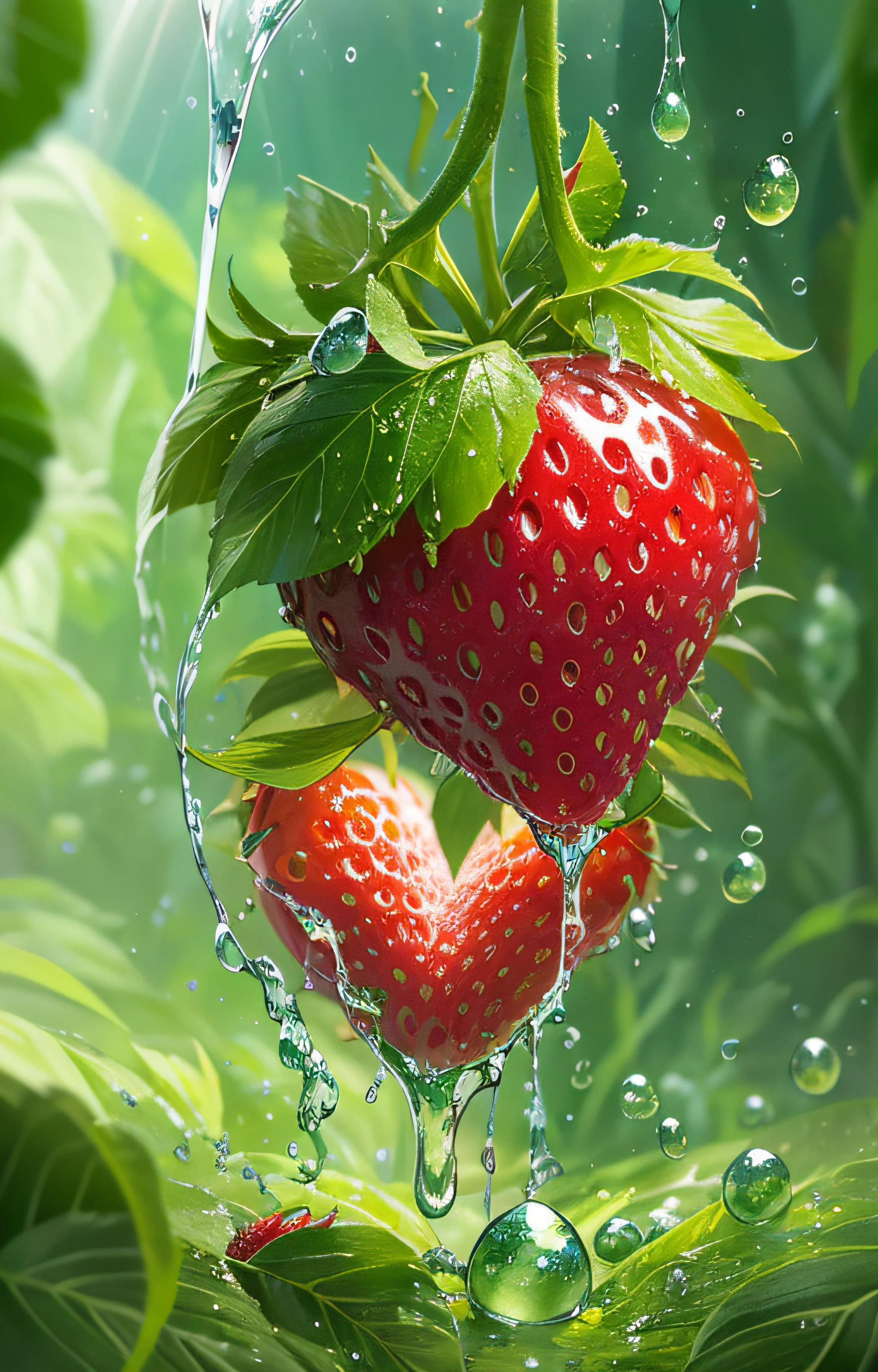 Close-up of fruits,Three strawberries,water dripping、liquid splashes、water bloom,Macro,rays of sunshine,Fantasyart,dynamic compositions,Epic reality,tmasterpiece,realisticlying,Highest high resolution,HighestQuali