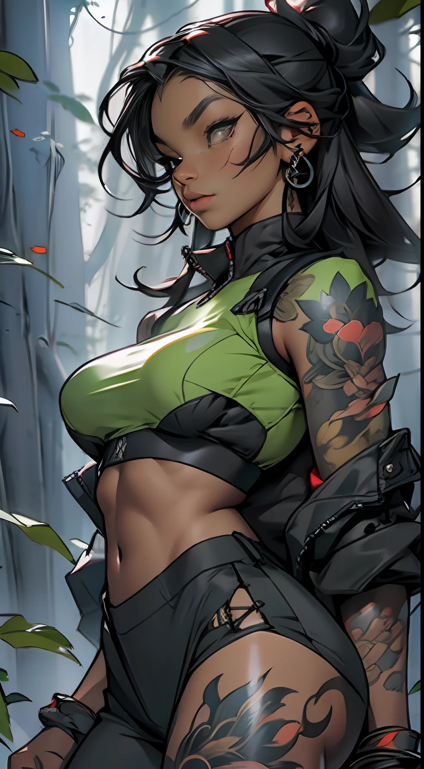 (black woman), sexy, tattoos, (power puffer clothes: 1.2), forest, leaves, mist, lines, background circles