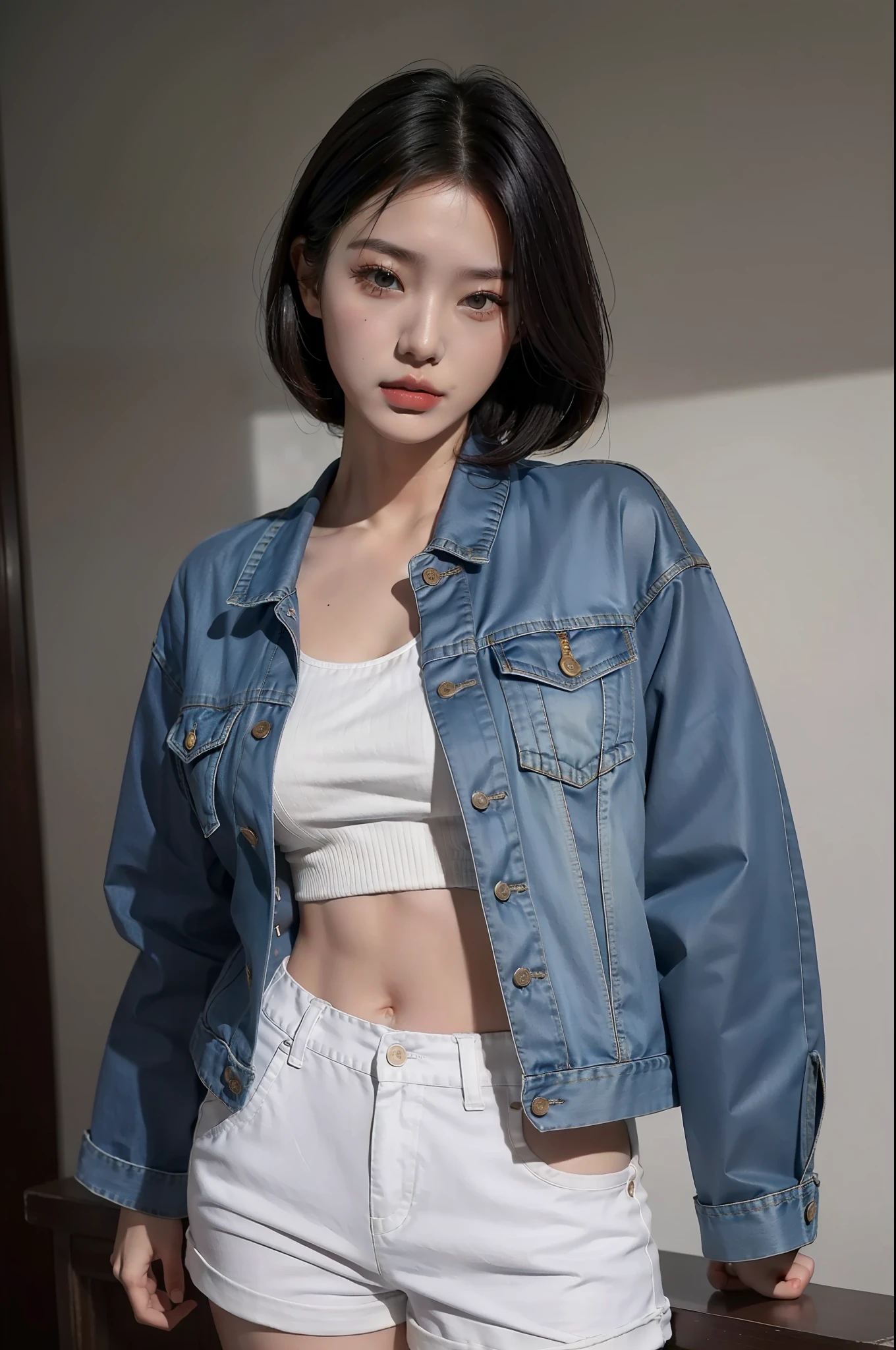 A woman in white shorts and denim jacket poses for a photo, Open V chest clothes, Open shirt, korean women's fashion model, Korean girl, photo of slim girl model, cropped shirt with jacket, Clothing that exposes, wearing tight simple clothes, Gorgeous young Korean woman, gorgeous chinese models, wearing sexy cropped top, jacket over bare torso, wearing  shirt