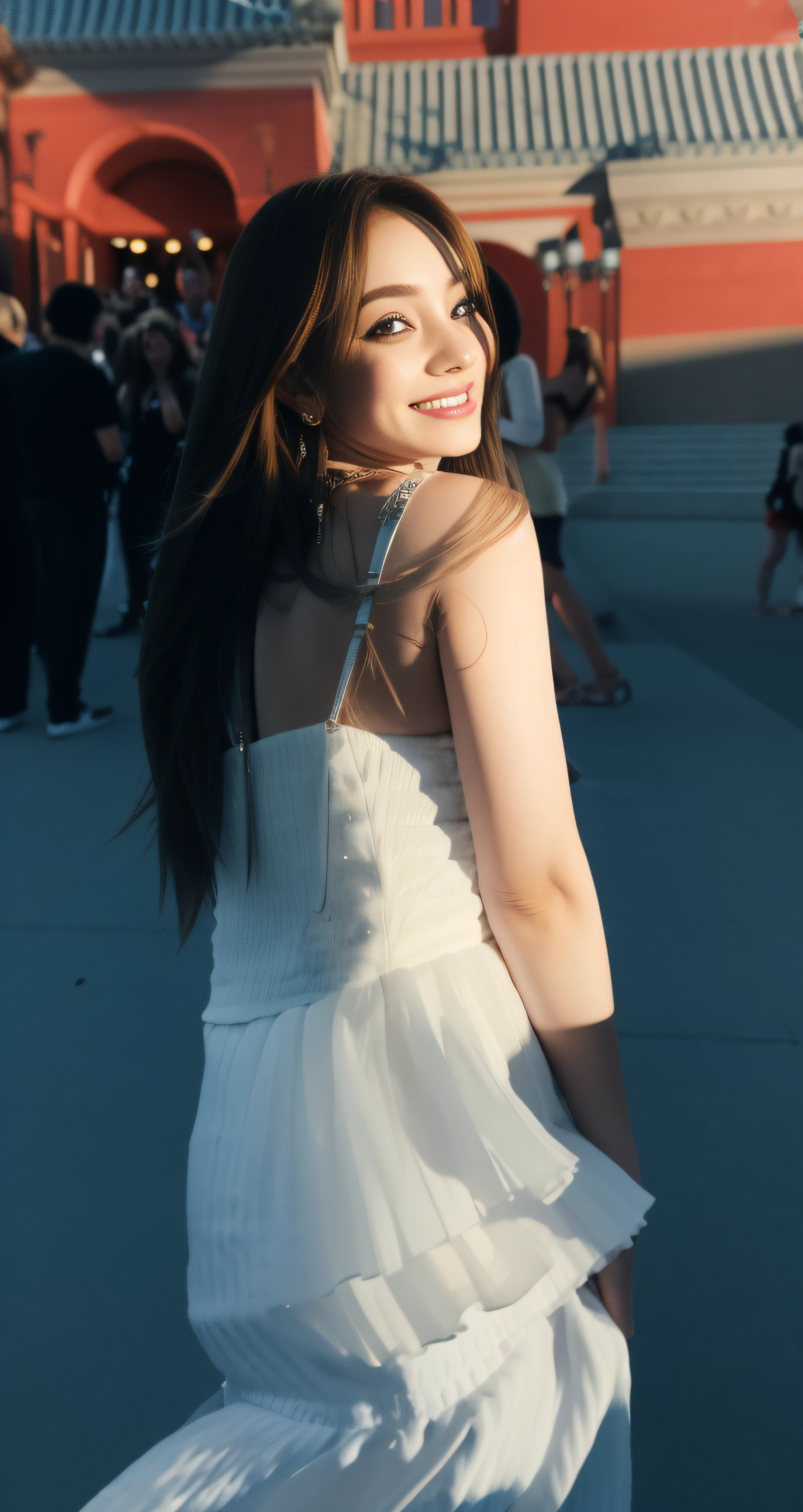 (8K, 4K, Best quality, A high resolution:1.1), (Realistic, photo-realistic:1.1), 1girll, Solo, face, double tails, Blonde hair, bangs, Long_Hair, necklace, Earrings, Lips, eye shadows, jewelry, (Looking in the audience:1.8),thin shoulder strap,white skirt,the detail,hight contrast,