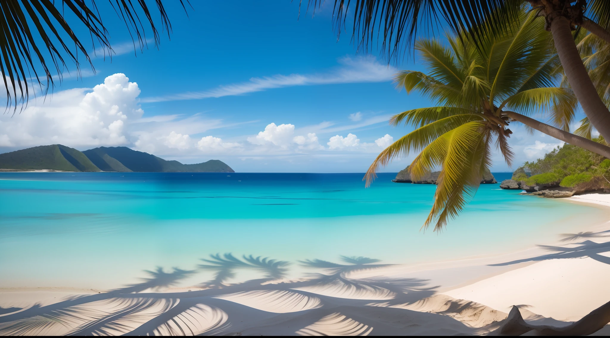 Landscape, Landscape viewed from beautiful sandy beach, white sand beach, crystal clear sea, Blue sky, Palm tree, Bali, detail, realistic, ultra realistic, 8k uhd, DSLR, soft lighting, high quality, film grain, Fujifilm XT3, (Masterpiece) <la:add_detail:1