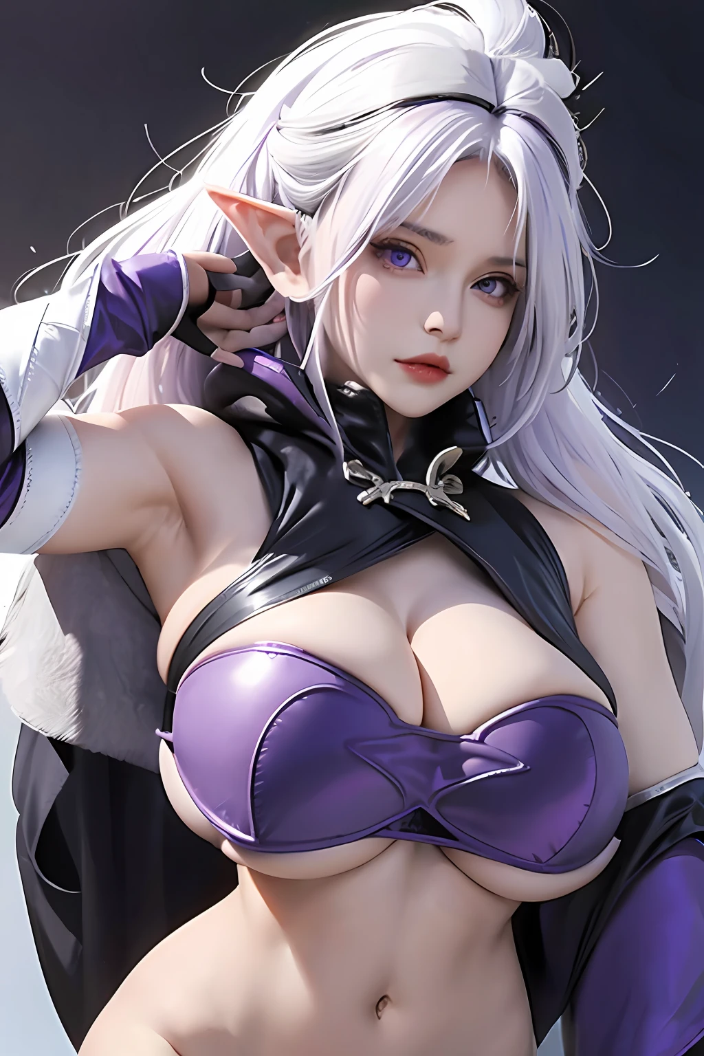 1girl, armor, breasts, cape, elf, gloves, lips, midriff, navel, pointy_ears, purple_eyes, solo, weapon, white_hair, (huge breasts:1.80)