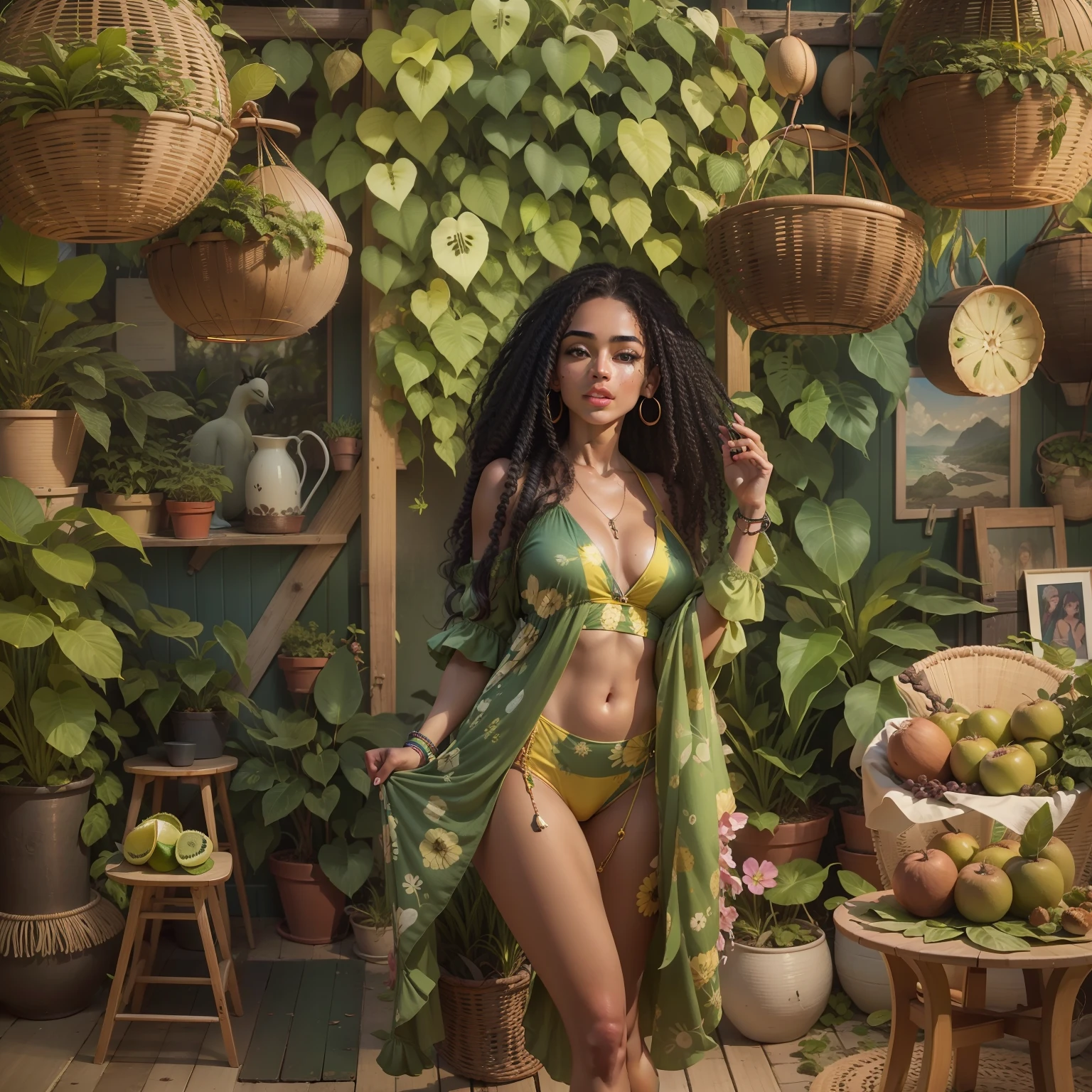 Encontre uma mulher com um requintado conjunto inspirado em kiwi, vagando por um exuberante vinhedo de kiwi. Os tons de verde e marrom do kiwi harmonizam-se com as vinhas circundantes, Creating a setting of natural beauty.