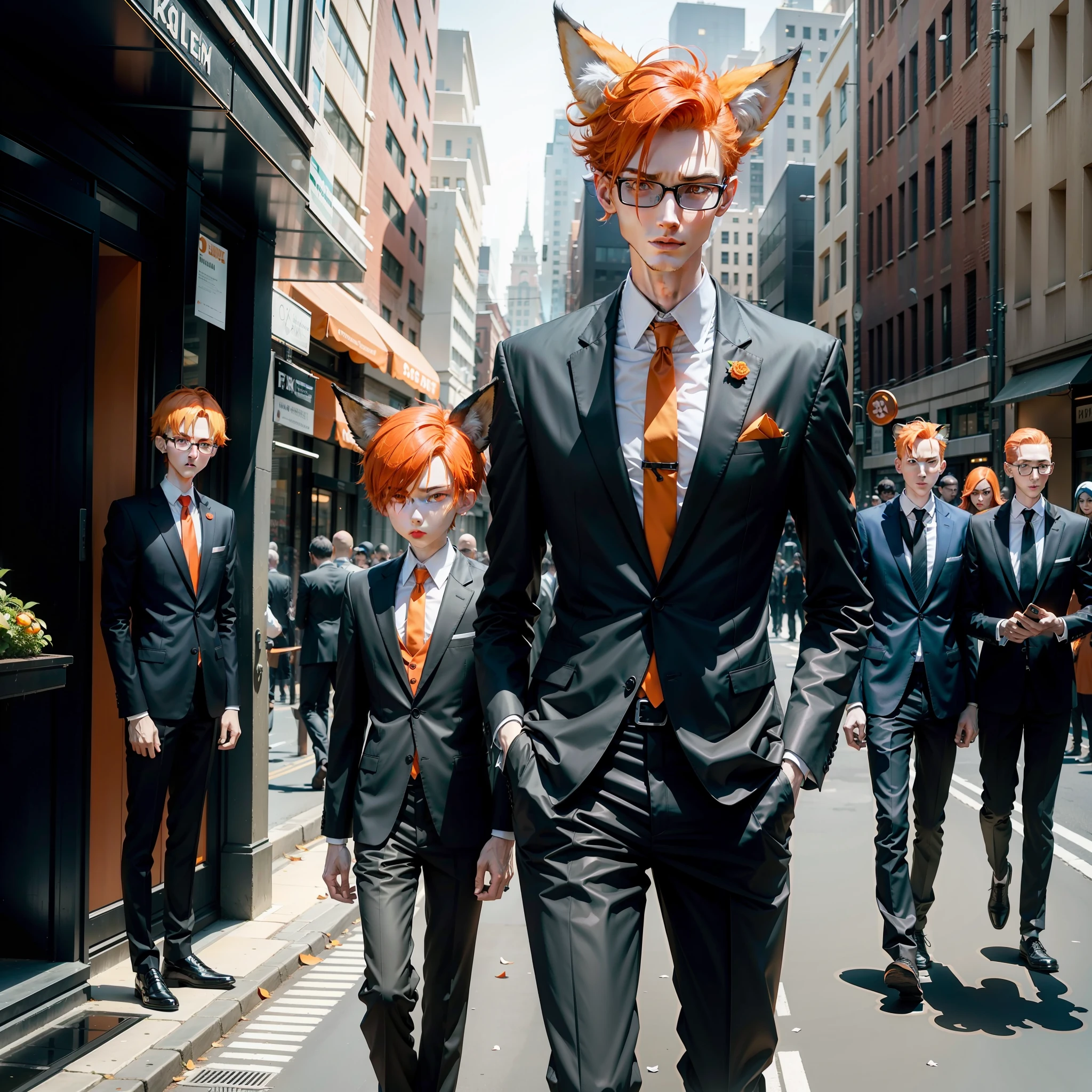 A tall and slender man with ordinary people, holding fox ears, Orange hair, Orange eyes,Modern streets