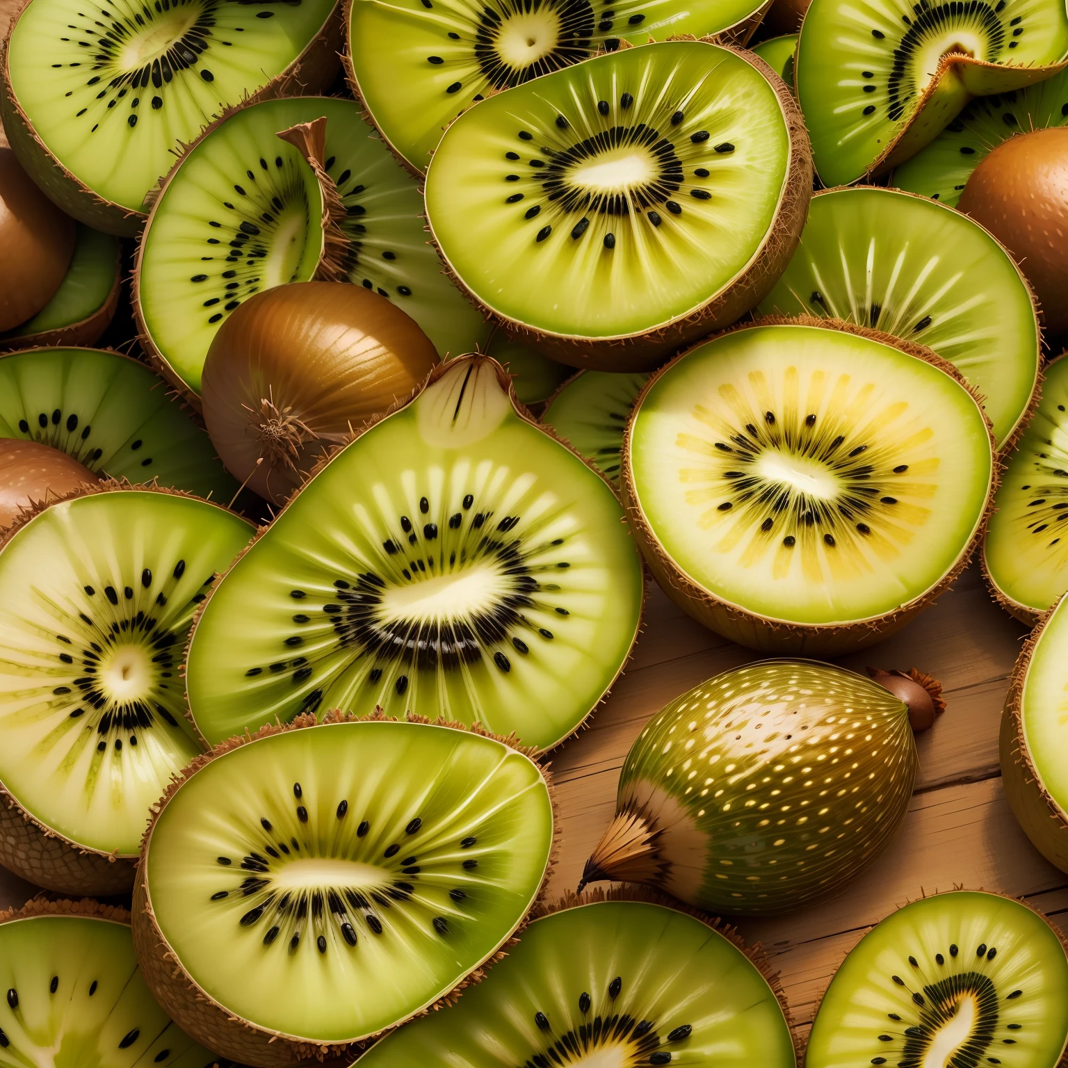 Encontre uma mulher com um requintado conjunto inspirado em kiwi, vagando por um exuberante vinhedo de kiwi. Os tons de verde e marrom do kiwi harmonizam-se com as vinhas circundantes, Creating a setting of natural beauty.