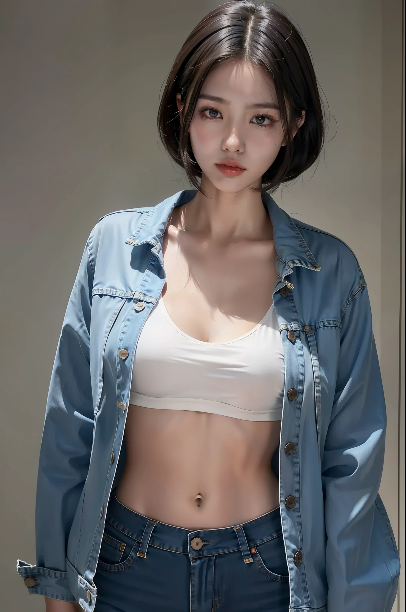 A woman in white shorts and denim jacket poses for a photo, Open V chest clothes, Open shirt, korean women's fashion model, Korean girl, photo of slim girl model, cropped shirt with jacket, Clothing that exposes, wearing tight simple clothes, Gorgeous young Korean woman, gorgeous chinese models, wearing sexy cropped top, jacket over bare torso, wearing shirt,Expose cleavage,revealing breasts,Exposed milk,high qulity,ultra-clear,。 looks into camera,full bodyesbian