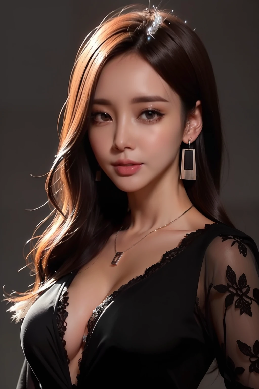 Black lace dress with open chest、small tits、Shallow valley、top-quality、​masterpiece、illustratio、extremely delicate and beautiful、ighly detailed、nffsw、Unity、8k wallpaper、astonishing、finely detail、Highly detailed ticker Unity 8K wallpapers、huge filesize、ighly detailed、hight resolution、Handsome detailed woman、extremely detailed eye and face、 Stunning detailed eyes、Facial light、(The best illustrations:1.1)、(Best Shadows:1.1)、超A high resolution、(Photorealsitic:1.1)、(Photorealistic 1.2:1.1)、Realistic facial proportions、Slimed、A smile、(makeups:0.4)、(fluffy black eyes:1.21)、Black eyes、Look at viewers、dark brown hair、large earring、a necklace、hair pin、cowboy  shot、(Irregular irregular skin defects、vein、Wrinkled pores on the skin:1.2)、(Dark night background: 1.2)、(bokeh dof:1.4)、no-bra、、full bodyesbian、high-heels、put your hair up、