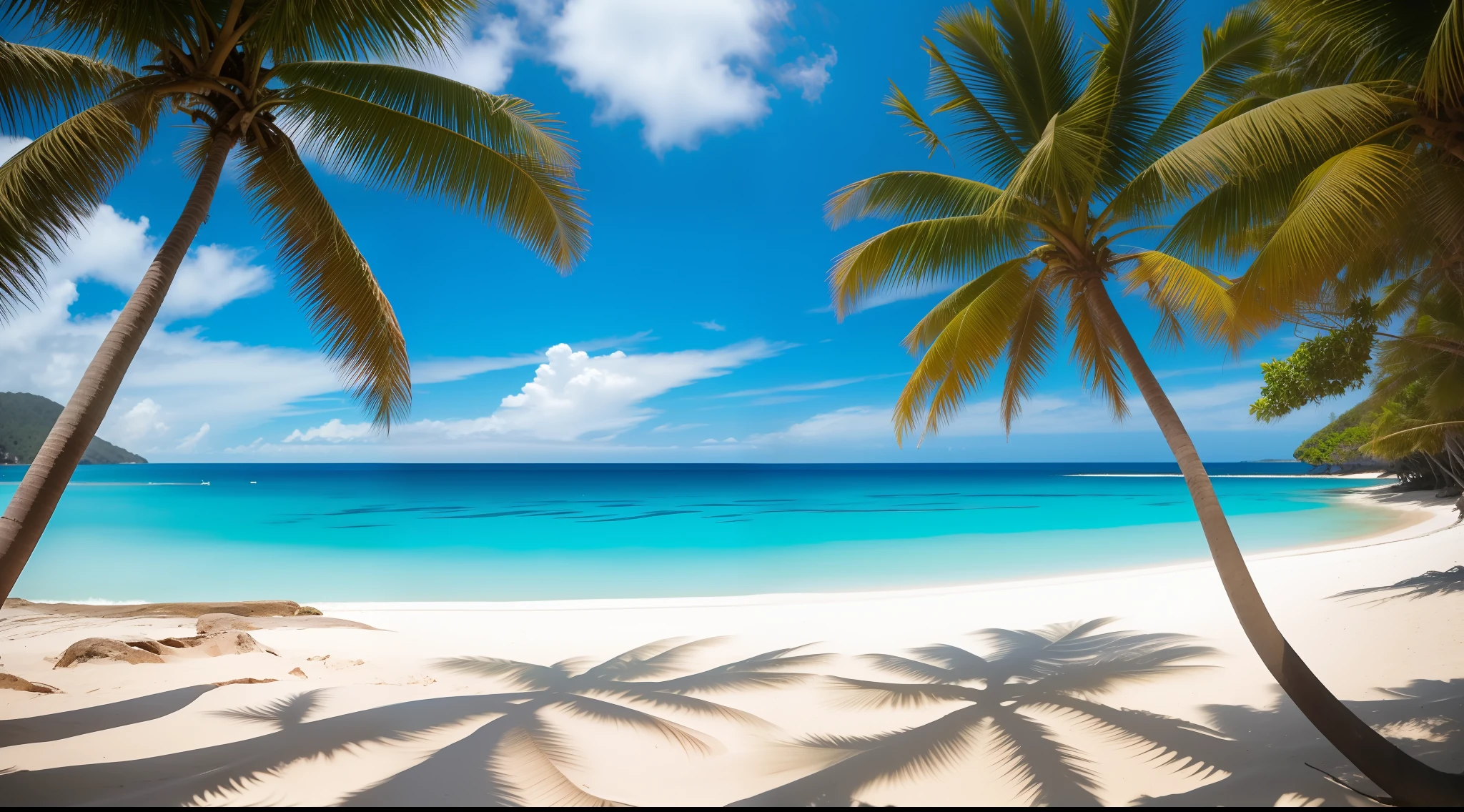 Landscape, Landscape viewed from beautiful sandy beach, white sand beach, crystal clear sea, Blue sky, Palm tree, Bali, detail, realistic, ultra realistic, 8k uhd, DSLR, soft lighting, high quality, film grain, Fujifilm XT3, (Masterpiece) <la:add_detail:1