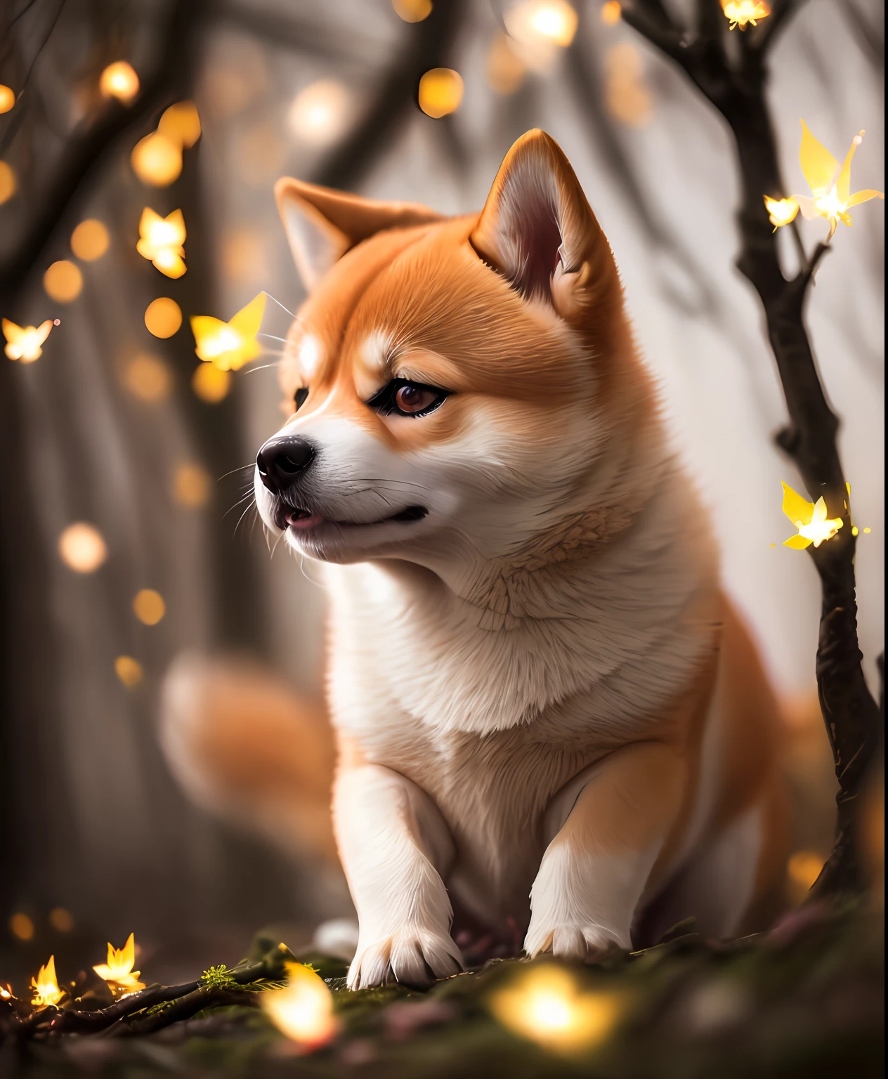 Close up photo of Shiba Inu in the Enchanted Forest、natta、fireflys、Volumetric fog、Halation、Bloom、Dramatic atmosphere、central、thirds rule、200mm 1.4F Macro Shot