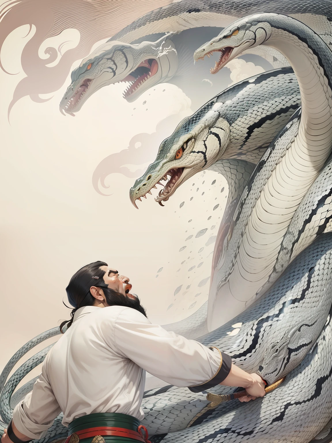 eight heads big snake,breve man fight,ukiyoe style,kawase hasui,horibul snake