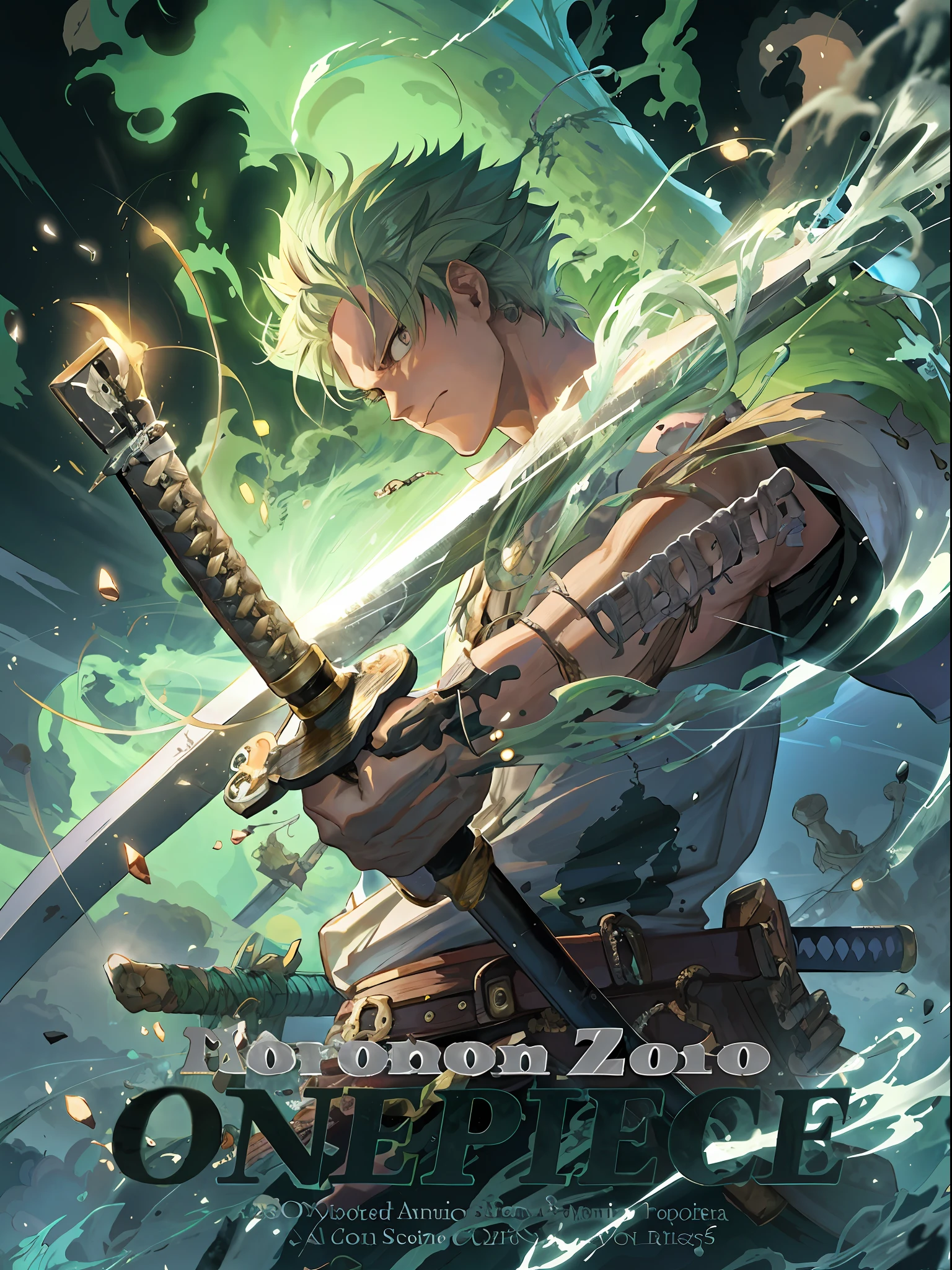 From anime《A》Captured picture in , Roronoa Zoro, An anime cover, Anime epic artwork, Anime a poster, glowing green soul blade, high detailed official artwork, Official anime artwork, Otaku Gangasta, Official artwork, offcial art, Detailed key anime art, cushart kenz, Epic anime style, anime key art, clean and meticulous anime art