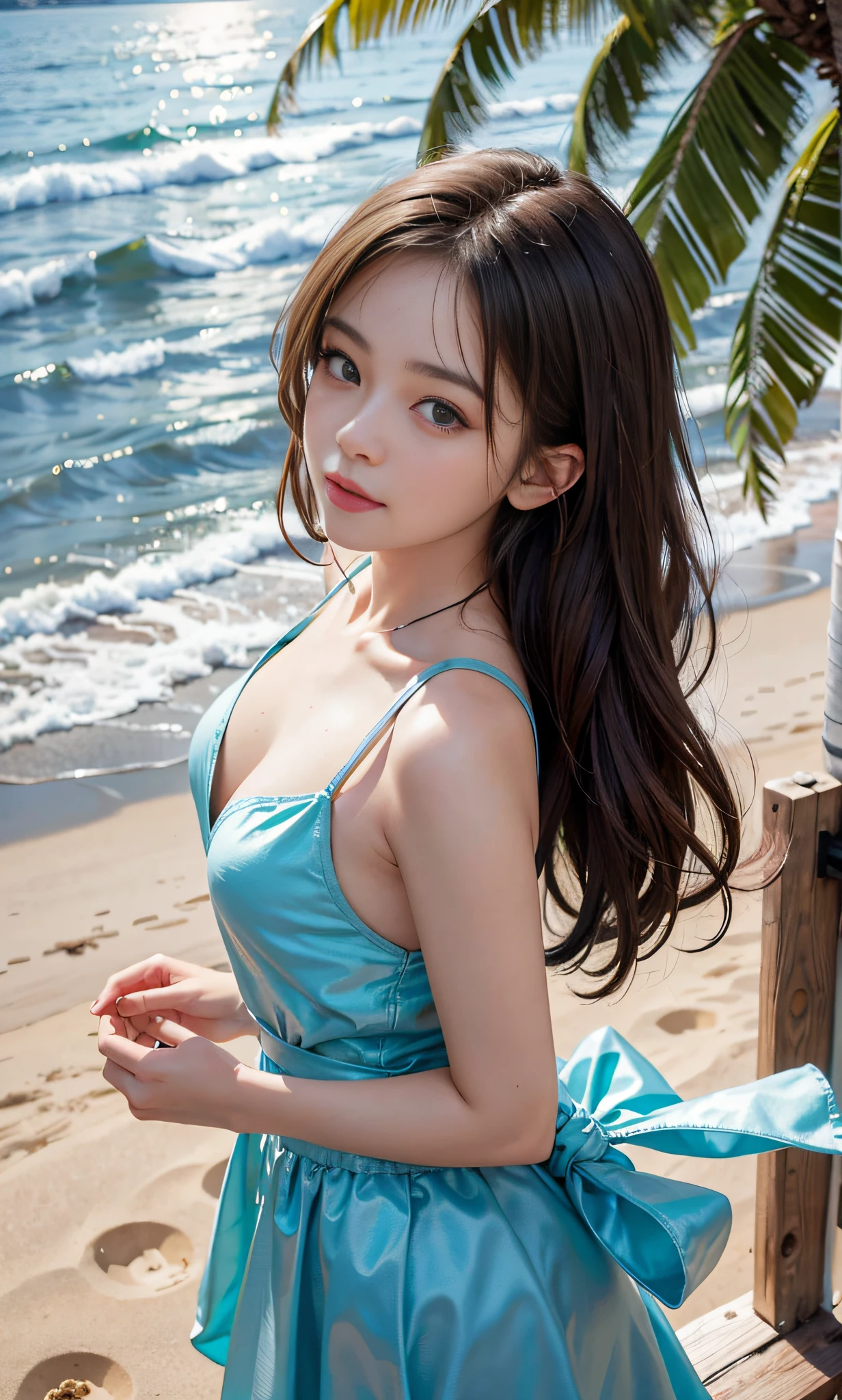 (RAW photos:1.2),high high quality,Beautiful Meticulous Girl,比基尼,sandbeach,beachside,Coconut Tree,from the above,very detailed eyes and faces,beatiful detailed eyes,hugefilesize,A high resolution,8k wallpaper,finely detailled,light in face,cinmatic lighting,16 year old girl,A sexy pose,(photorealisti:1.4),illustratio,ultra-realistic realism,super detailing, tmasterpiece, 比基尼, short detailed hair,Bigchest