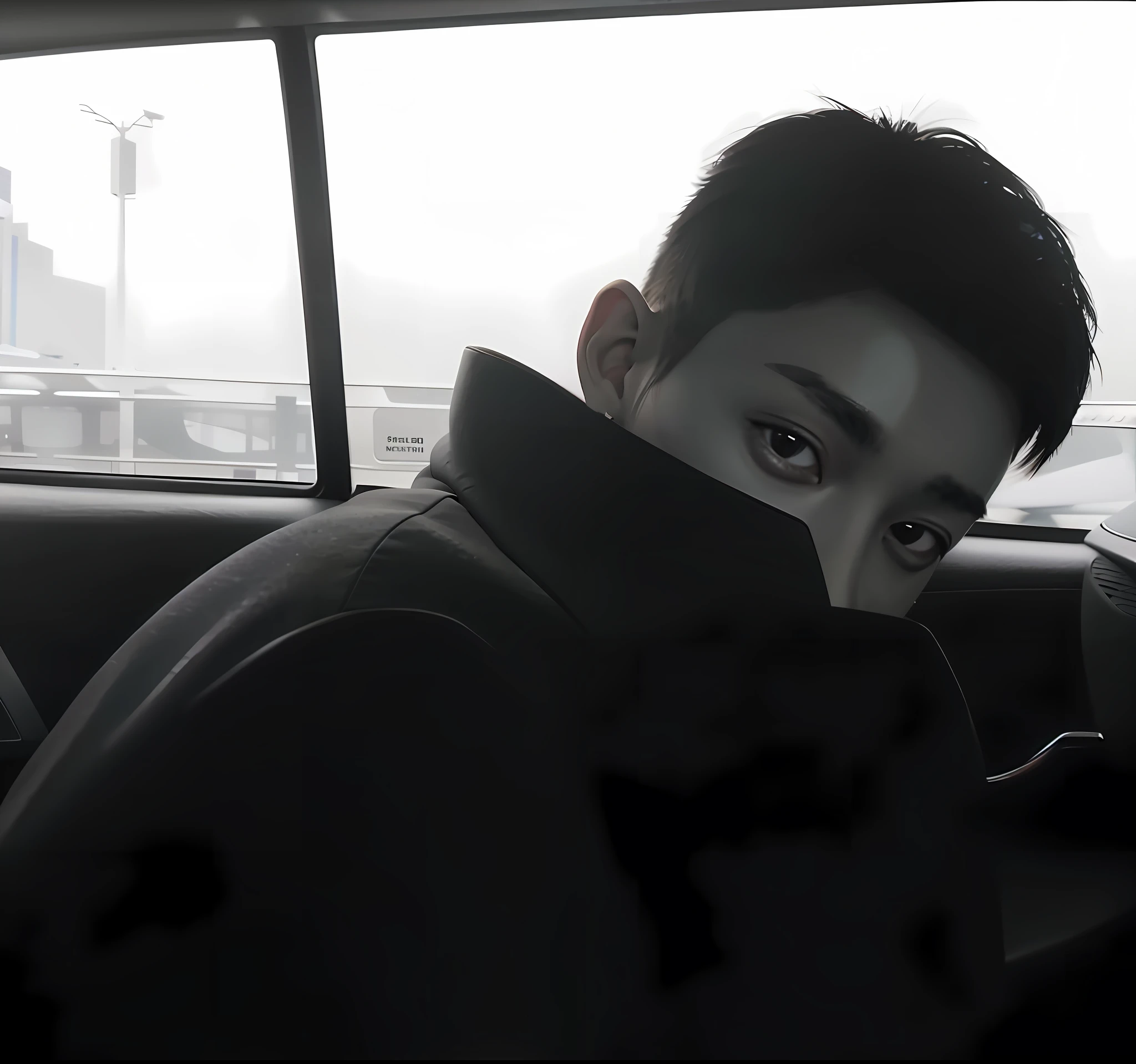 The Arad man was in the car，A black coat covers the face, Inspired by Zhang Han, inspired by Yu Zhiding, Shin Jinying, Cai Xukun, innocent mood, inspired by Gang Se-hwang, ji-min, glossy from rain, jinyoung shin aesthetic, korean artist, Highlight, he is wearing a black trenchcoat, snapchat photo, looking content