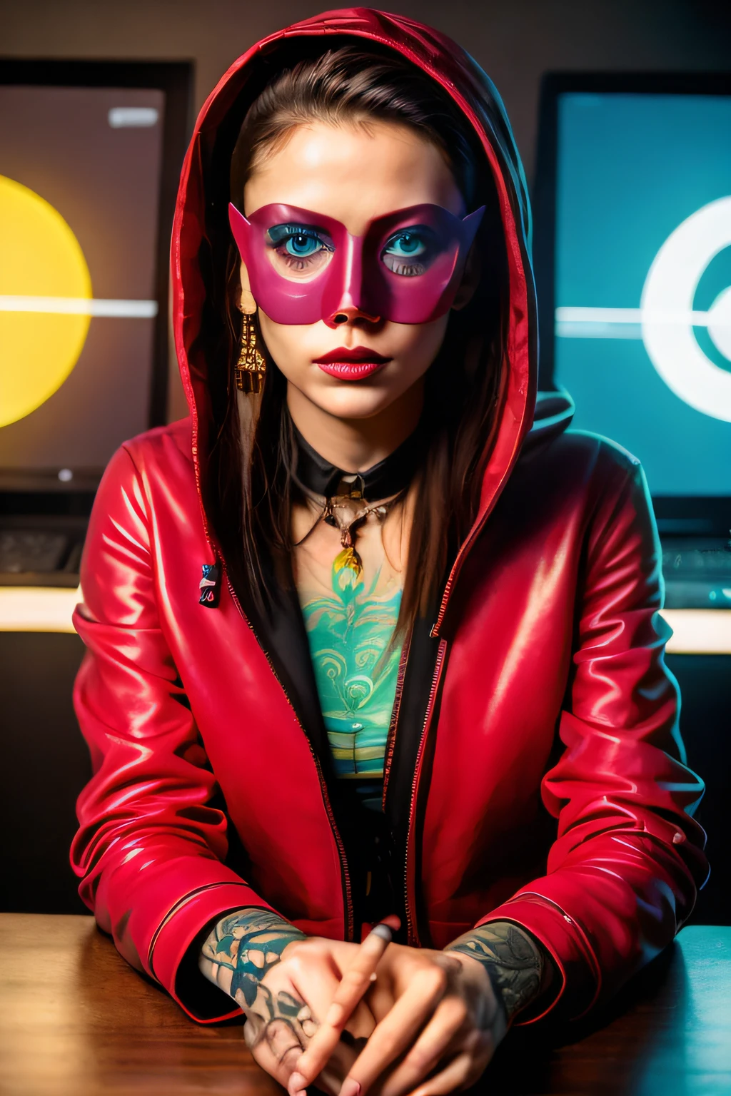 WOMAN IN RED HOOD ON HEAD, with an air of mystery, TATUAGEM PROXIMO AOS OLHOS, WITH VERY BLUE EYES neon, SERIA OLHANDO PARA FRENTE, Branco, cor laranja, alto, with your hand in your pocket, classical style, TOTALMENTE FRONTAL, NA FRENTE, Escuro, segredo, BLUSA LOGA, sentado. WITH YOUR HANDS ON THE TABLE, DE FRETE PARA O COMPUTADOR, FAZENDO PESQUIZA, long pants, TATUAGEM NOS OLHOS. neon light, IN A SERIES OF VIDEOS, CRIANDO CONTEUDO, MARKETING DIGITAL, TATTOO VERY CLOSE TO THE EYES, COMO SE ESTEVESSE APRESENTADO JORNAL, TV, MASK AROUND THE EYES, VEREMELHA, MASCARA VERMELHA AO REDOR DOS OLHOS, SECRETO ROSTO.