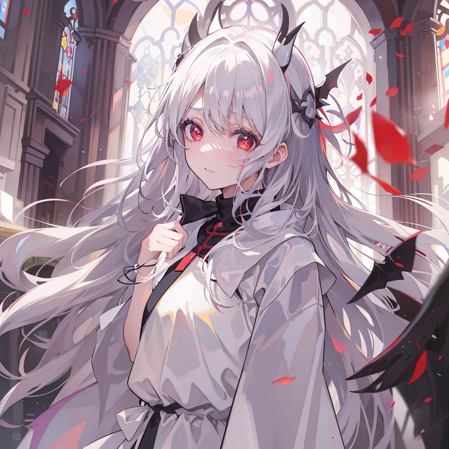 Best quality,tmasterpiece,one-girl,White hair,Red eyes,the hair flutters with the wind,In the daytime,The girl was silent,A faint sadness appeared on his face,A black hairpin pinned to his head,devil horns,She looked cold,Pure white dress,There was a light behind him,She stood in the church,Bust