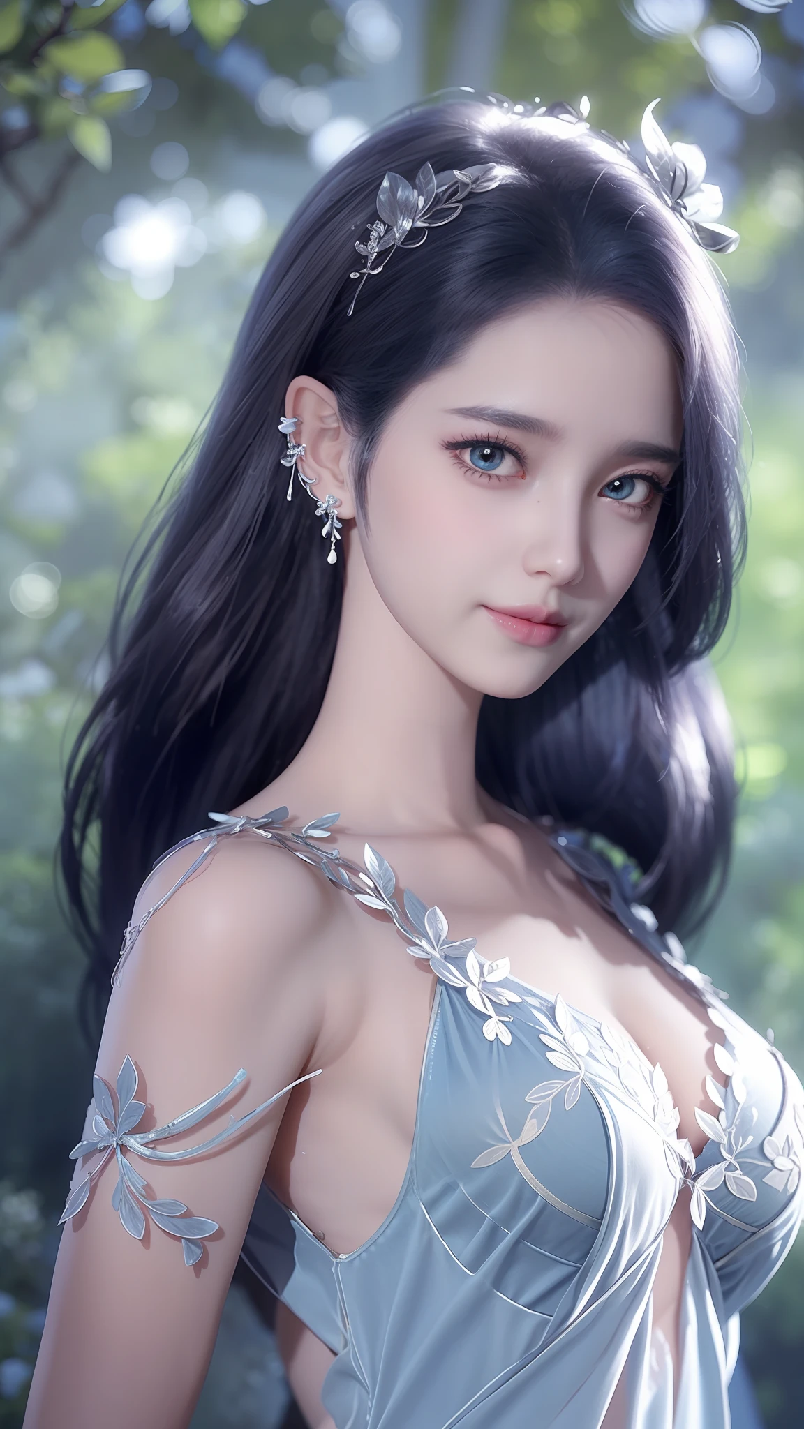 tmasterpiece，Best picture quality，HD 8K wallpaper，Beautiful picture，Elegant single woman，Round dress，Shiny eyes，Detail at its best，An exquisite masterpiece，Pure beauty and lightness，Moderately aesthetic，Gentle and elegant，Attention to detail，Cyan white lace round dress，Immortal