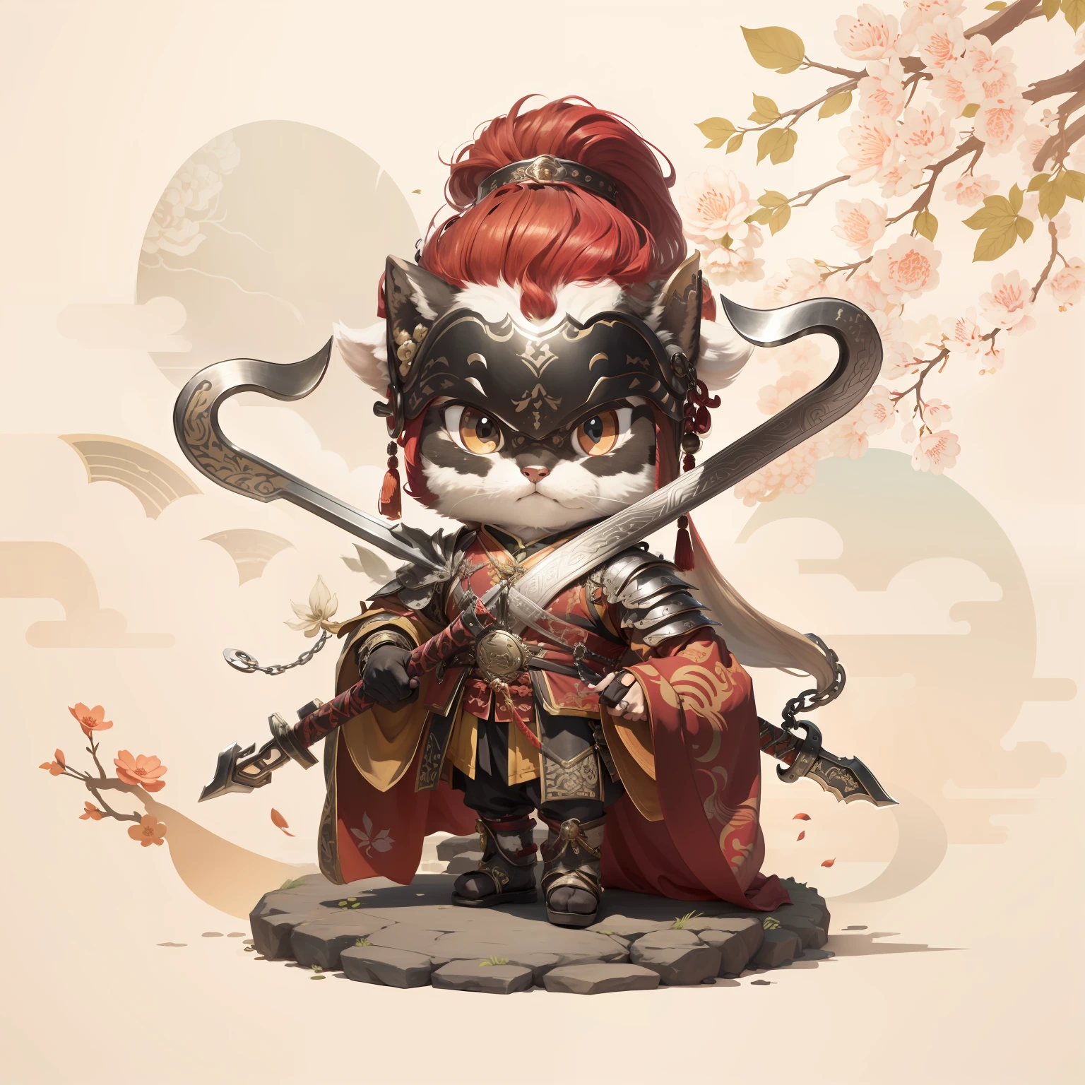 male people，Male characters，tchibi，Bad，Arms，Double hook weapon，Ancient Chinese weapons: Crescent hook，The handle has a delicate pattern，Shoulder blades，metal breastplate，chainmail，Animal pattern cuirass，chest plate，Bracers，Flowing hem，China-style，Chinese-style clothing，Chinese shoes，There are beautiful patterns on the weapon grips，Refinement，Fine painting，Refinement，infinite details，high definition detail，Patterned，Pattern，Blank background，Bright colors，Metal edging
