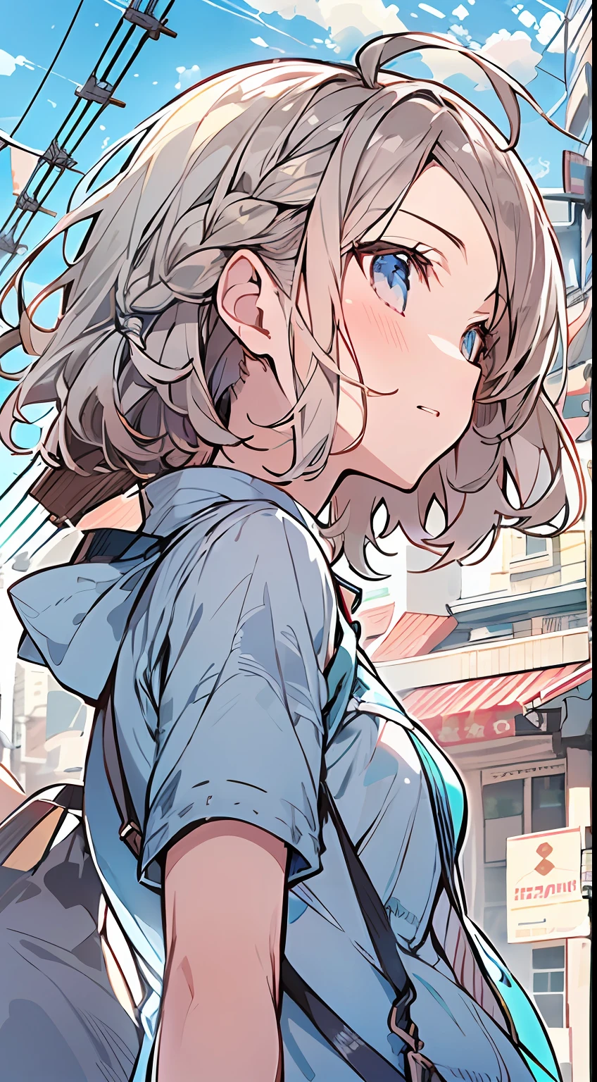 masutepiece, Best Quality,Illustration, Wallpaper, Ultra Detail, absurderes, 1girl in, Solo, (Medium short hair、short braided hair), Beautiful ultra-detailed eyes , (Street:1.3), Bright sky in sunny summer、Hair that flutters in the wind,(a panoramic view:1.5),(Sense of depth:1.3),(longshot:1.3)