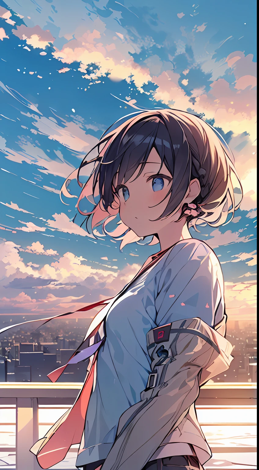 masutepiece, Best Quality,Illustration, Wallpaper, Ultra Detail, absurderes, 1girl in, Solo, (Medium short hair、short braided hair), Beautiful detailed eyes , luminous sky、Hair that flutters in the wind,(a panoramic view:1.3),(Sense of depth:1.5),(longshot:1.5)