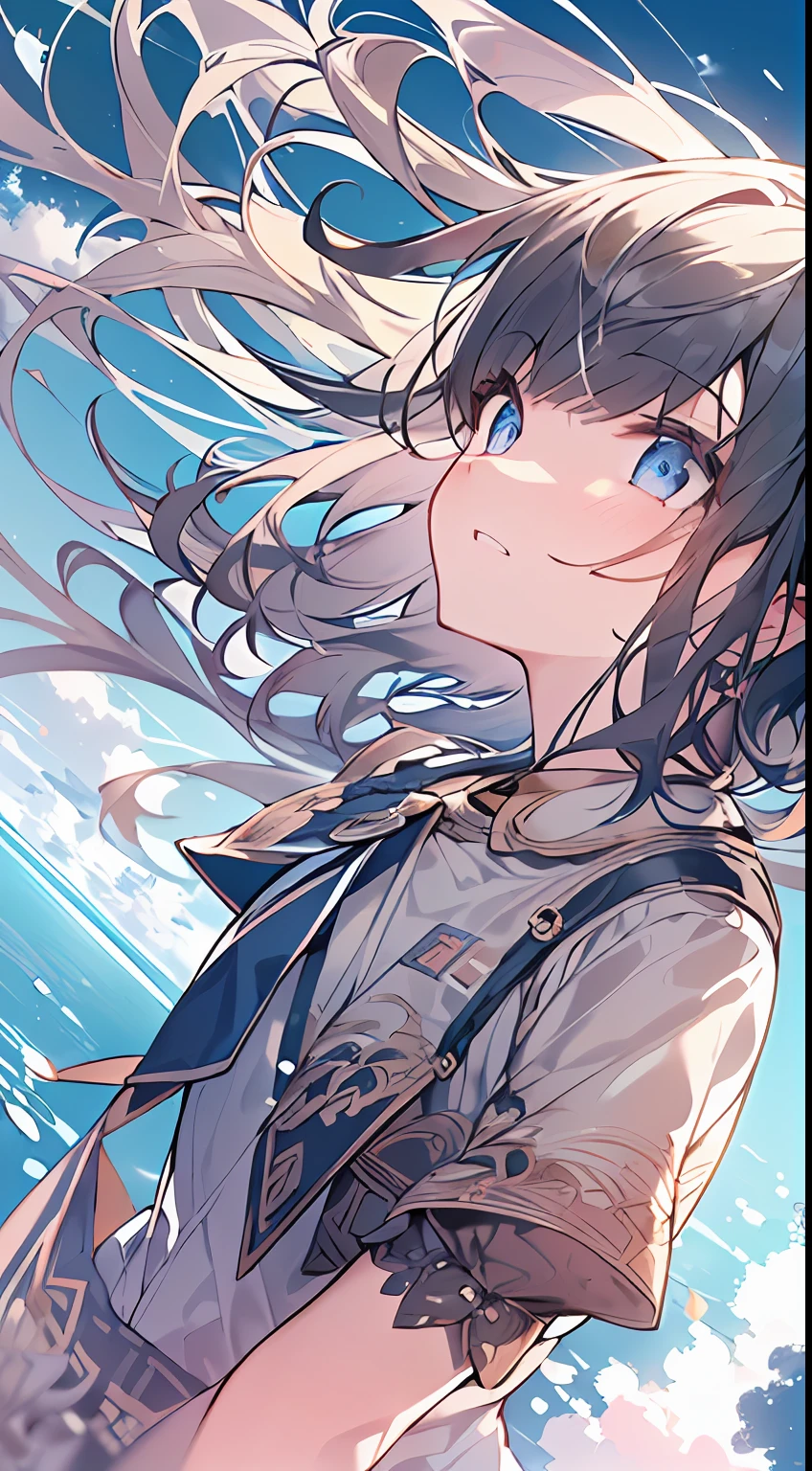 masutepiece, Best Quality,Illustration, Wallpaper, Ultra Detail, absurderes, 1girl in, Solo, (Medium short hair、short braided hair), Beautiful detailed eyes , luminous sky、Hair that flutters in the wind,(a panoramic view:1.3),(Sense of depth:1.5),(longshot:1.5)